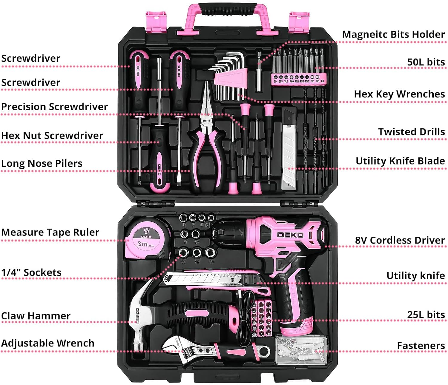 Thumbnail 1 de DEKO Cassetta Attrezzi Completa Rosa con Trapano Avvitatore 8V, 126 Pezzi