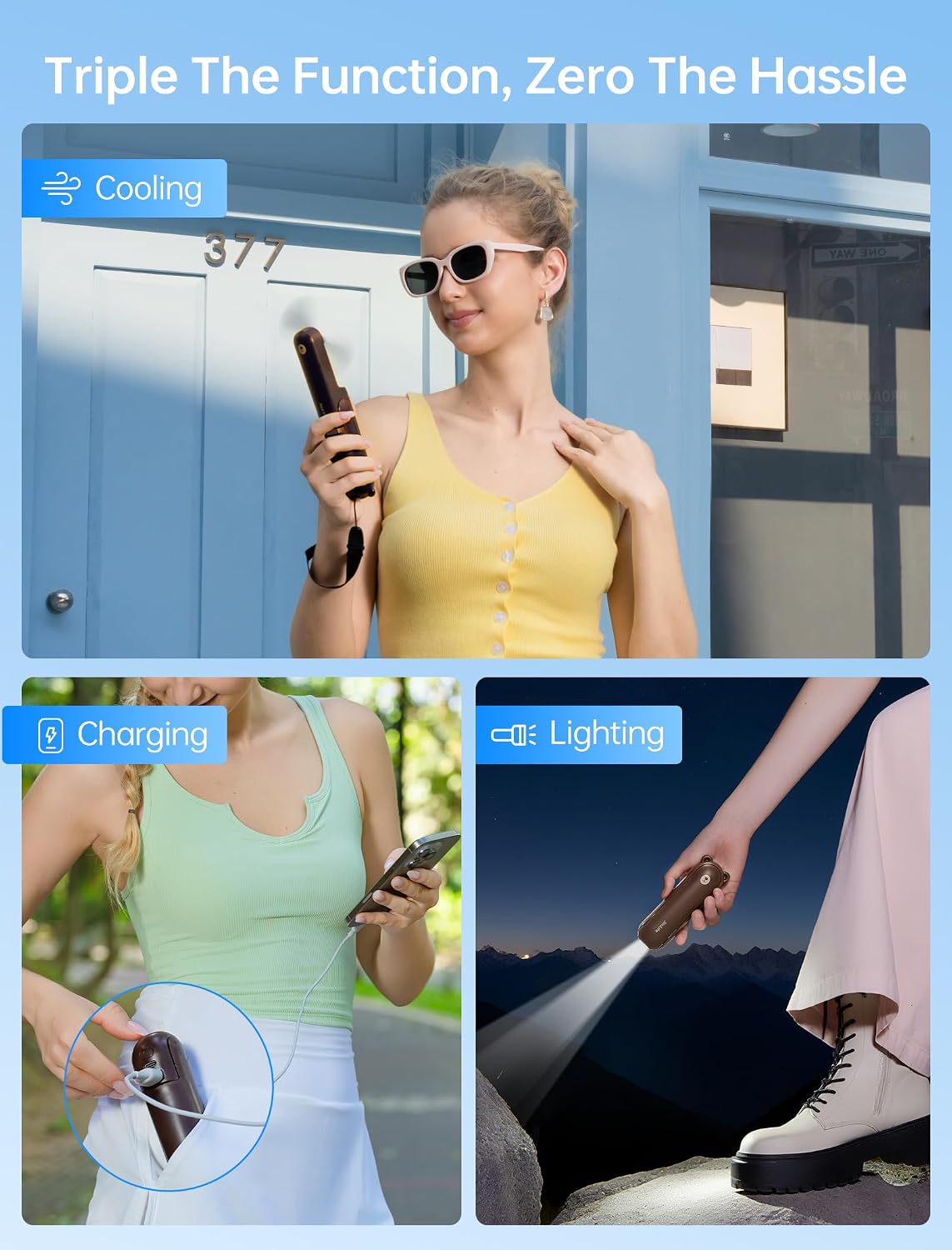 Thumbnail 1 de JISULIFE F8 3-in-1 Handheld Fan, USB Rechargeable, with Flashlight and Power Bank