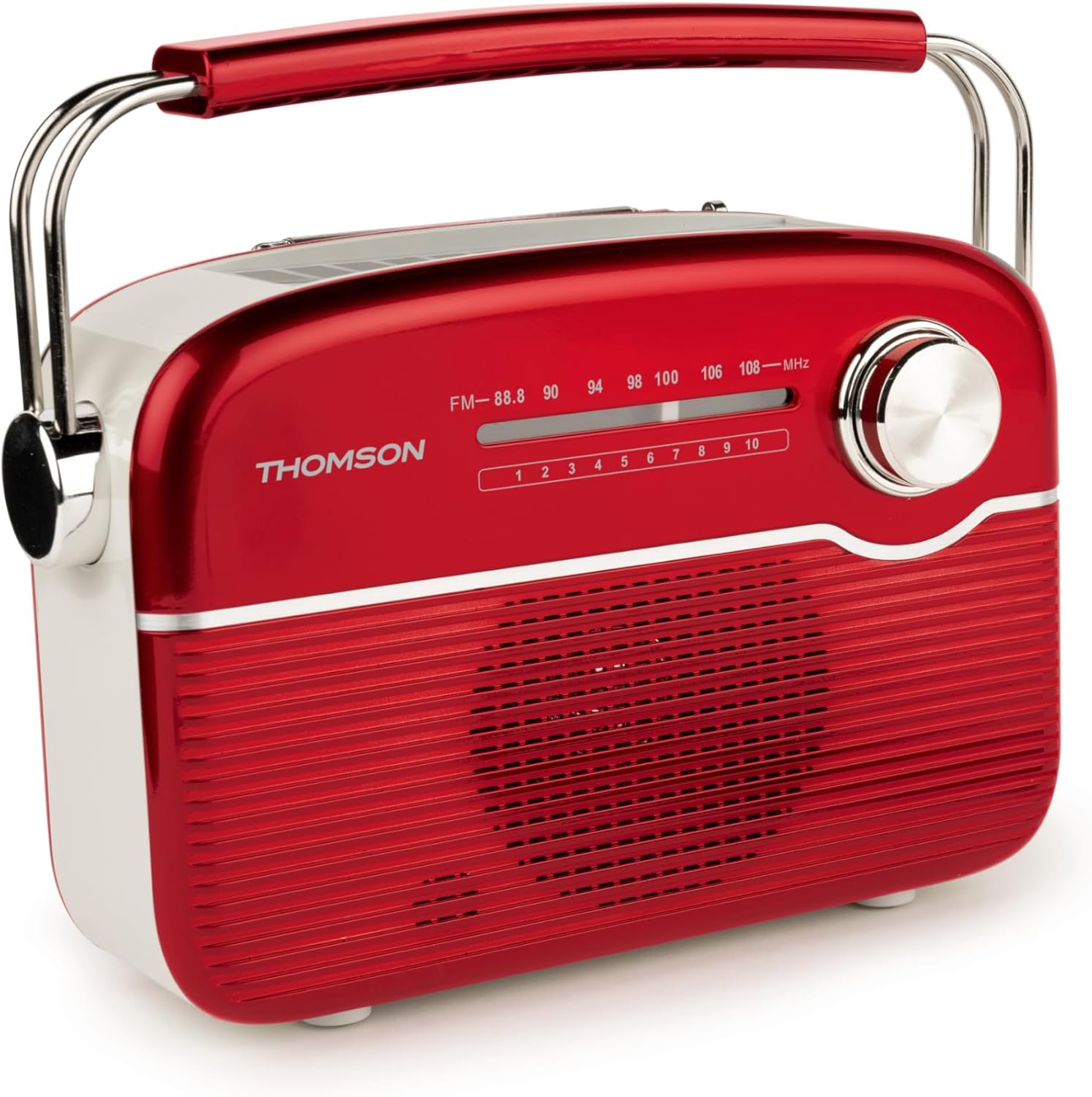 Radio FM Thomson rechargeable Bluetooth 5.4 avec antenne rétractable et entrée auxiliaire 3,5 mm (rouge)
