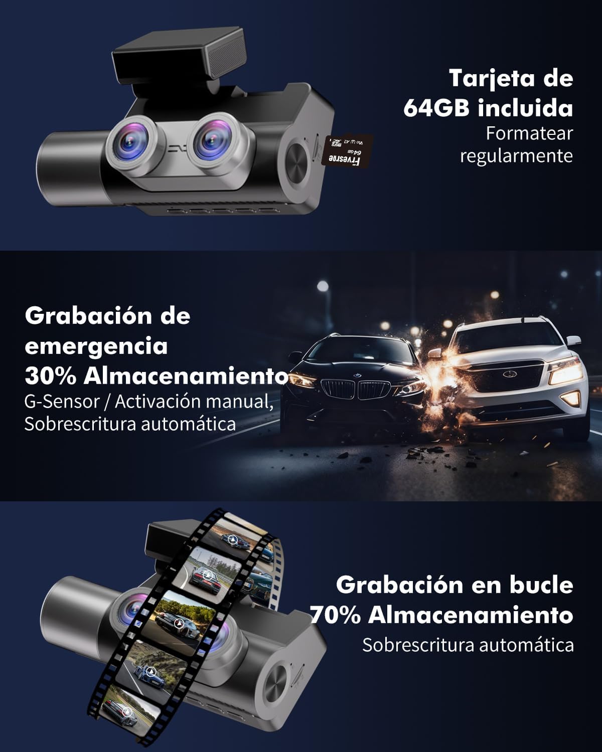 Detalle 2 de Frvesroe Dashcam V1 4K 3 canales 64GB