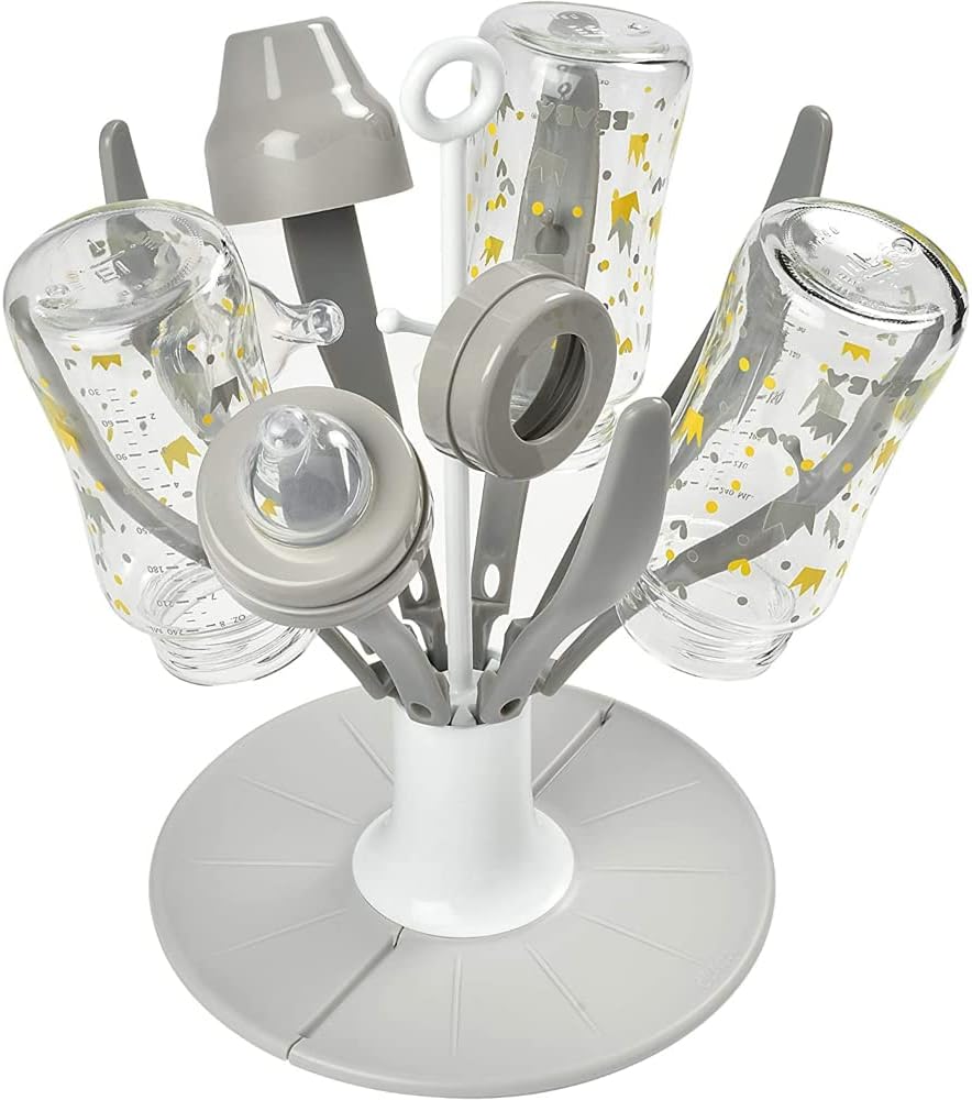 Detalle de BÉABA Égoutte-biberons Arbre Flower, pliable et compact – 8 biberons et accessoires, Gris