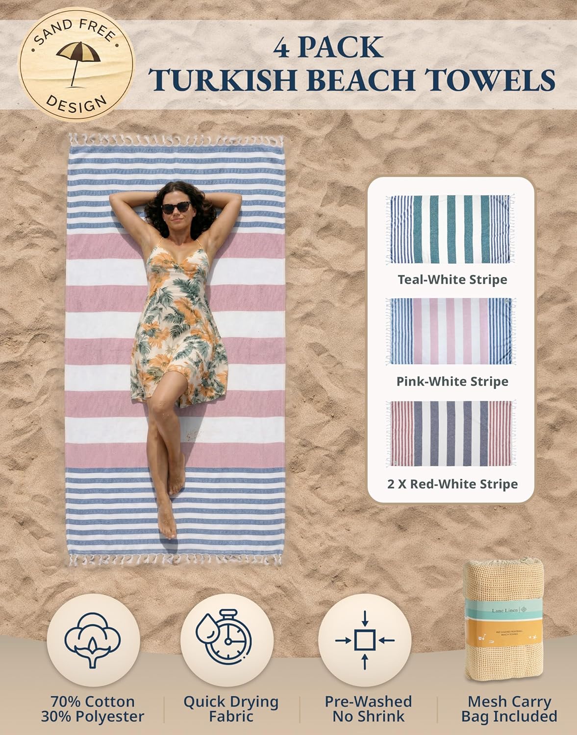 Detalle de Lane Linen 4 Pack Cotton Rich Beach Towels – Oversized, Pre-Washed & Sand-Free
