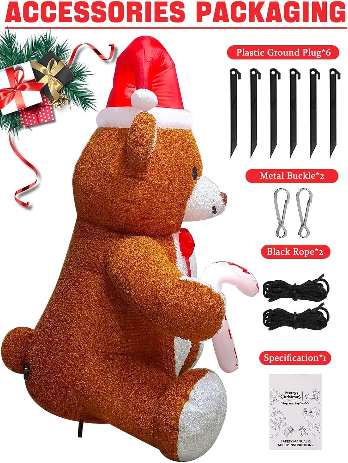 Detalle 2 de Kalolary-Y175 Christmas Inflatable Teddy Bear with Plush Fabric and LED Light