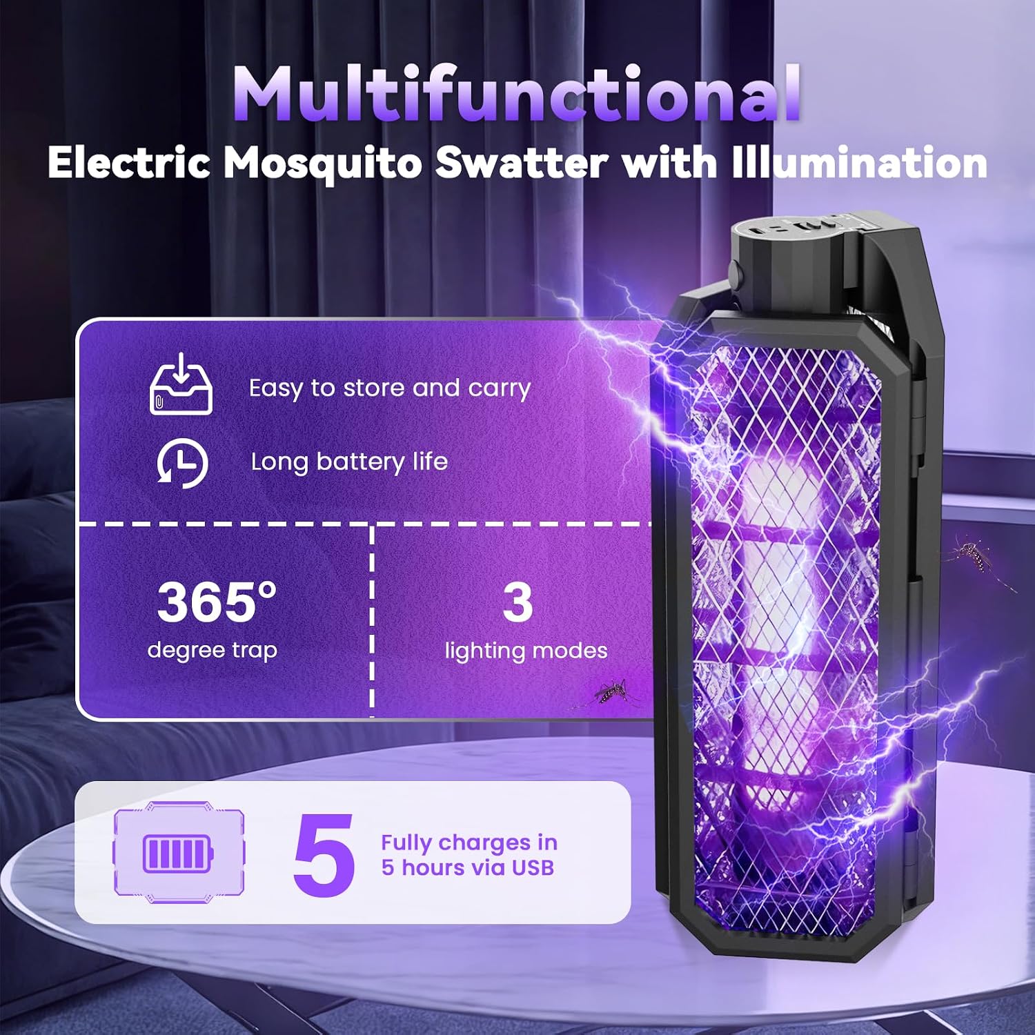 Thumbnail 3 de 2 in1 Lampe Anti Moustique USB Rechargeable – Lampe/Raquette Pliable pour l’intérieur et l’extérieur