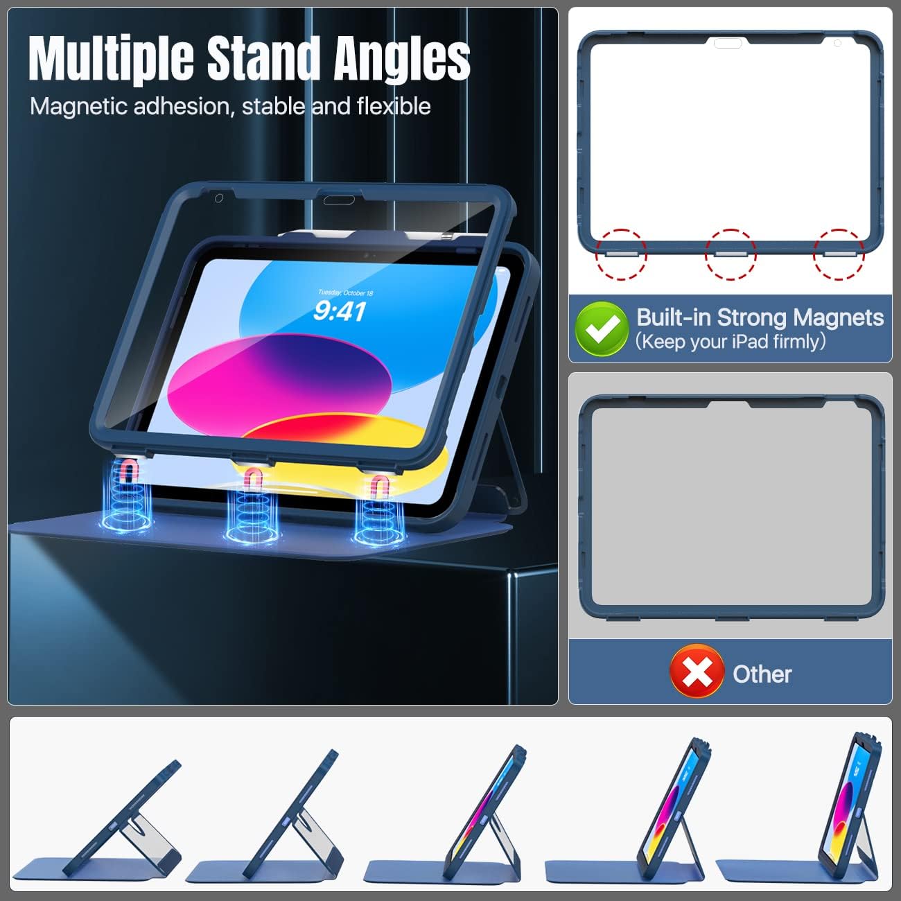 Thumbnail 3 de MoKo iPad 11-inch (A16) & iPad 10.9-inch 2022 case with screen protector, pencil holder and multi-angle stand (Navy Blue)