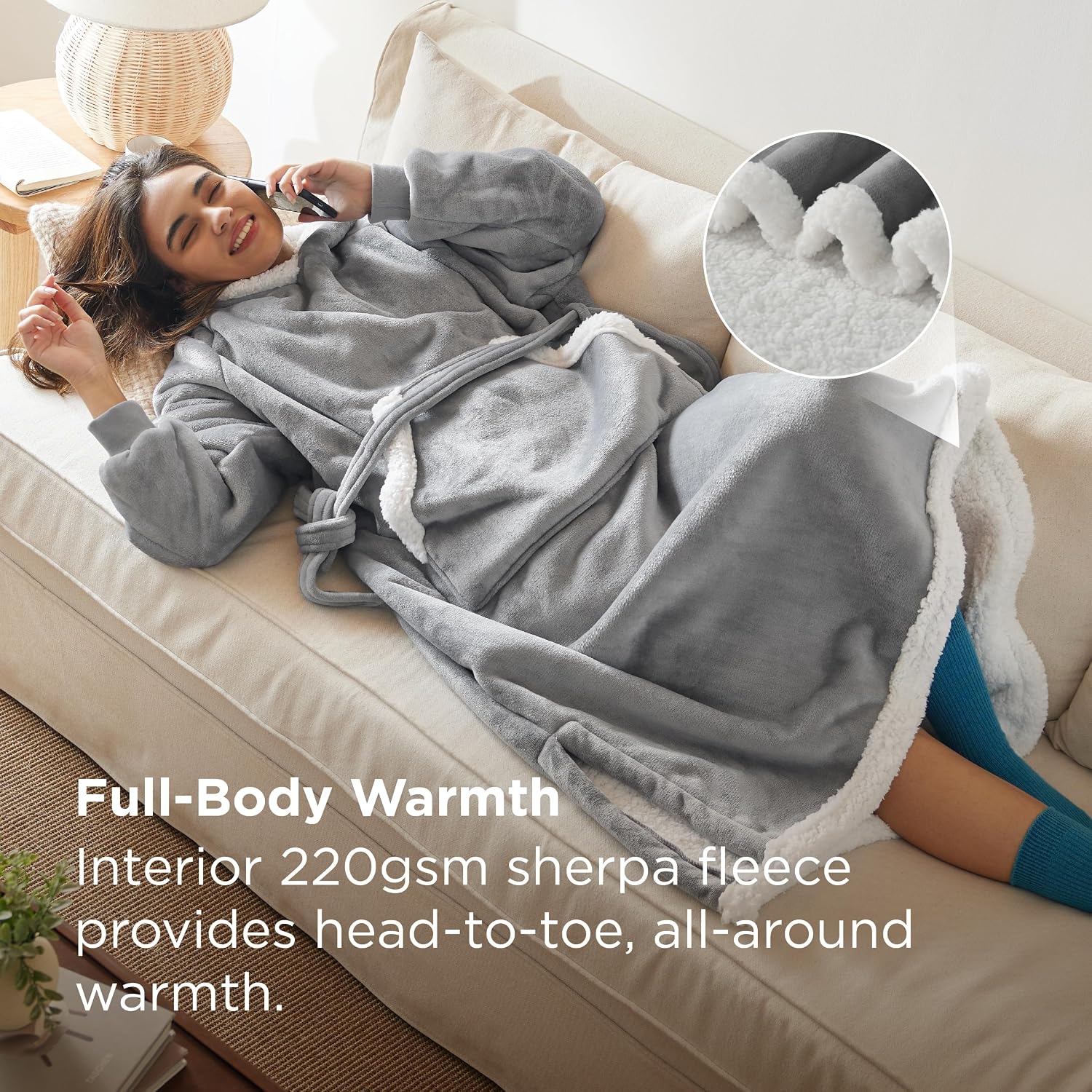 Detalle de Bedsure Long Sherpa Wearable Blanket Hoodie, Gray Standard with Belt and Pockets