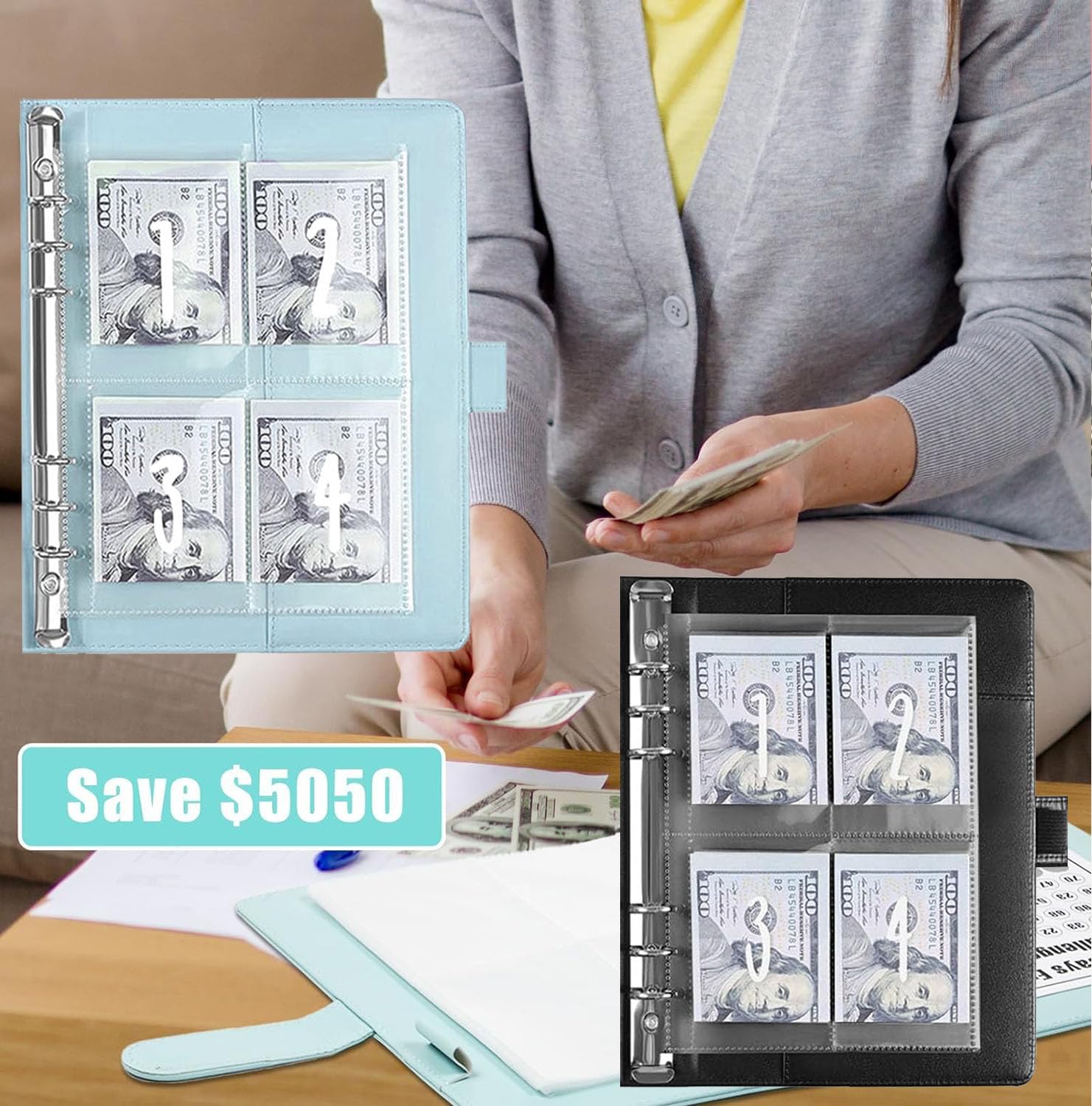 Thumbnail 4 de UOCLERY 100 Envelopes Money Saving Challenge Binder, Blue + Black, $5,050 Goal