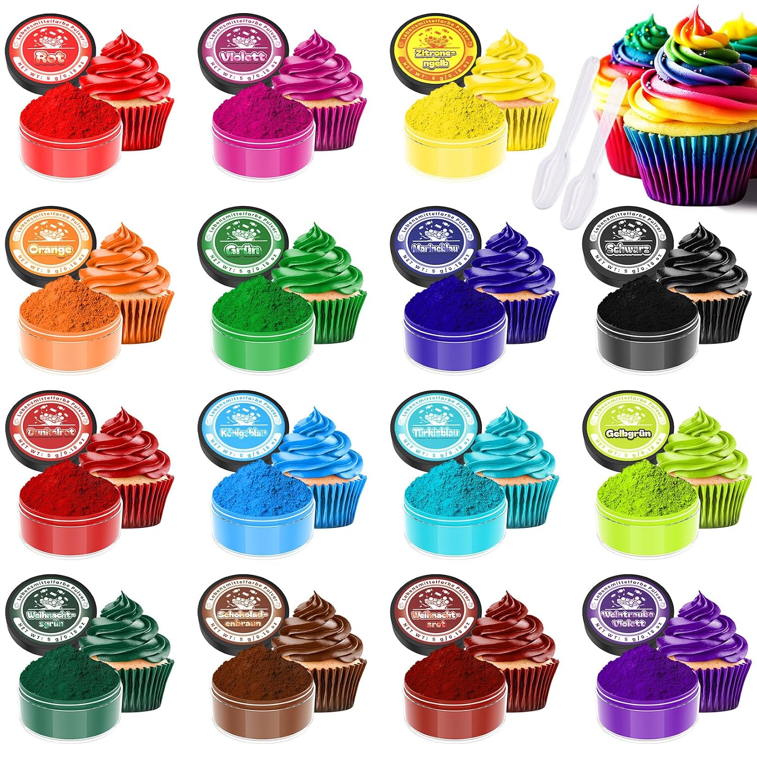 Detalle de Lebensmittelfarbe Pulver (15 x 5 g) – Leuchtendes Farbpulver-Set zum Backen, vegan