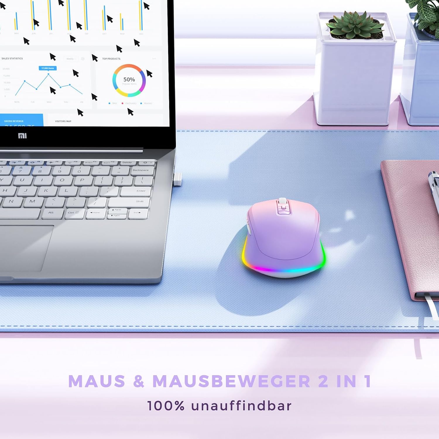 Thumbnail 1 de seenda Kabellose Maus mit Jiggler, wiederaufladbare 2.4G Funkmaus mit LED-Beleuchtung – 2.000 DPI (Rosa&Lila)