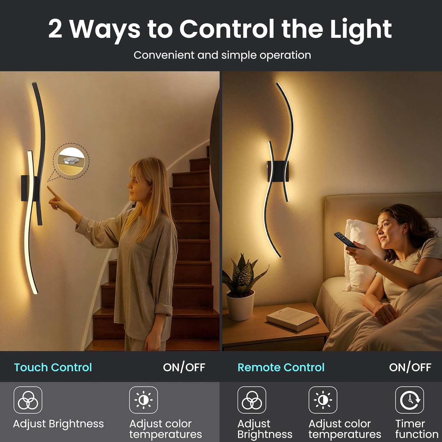 Thumbnail 3 de AUDERWIN 10000mAh Rechargeable Wall Sconces, Set of 2, Black, 3CCT