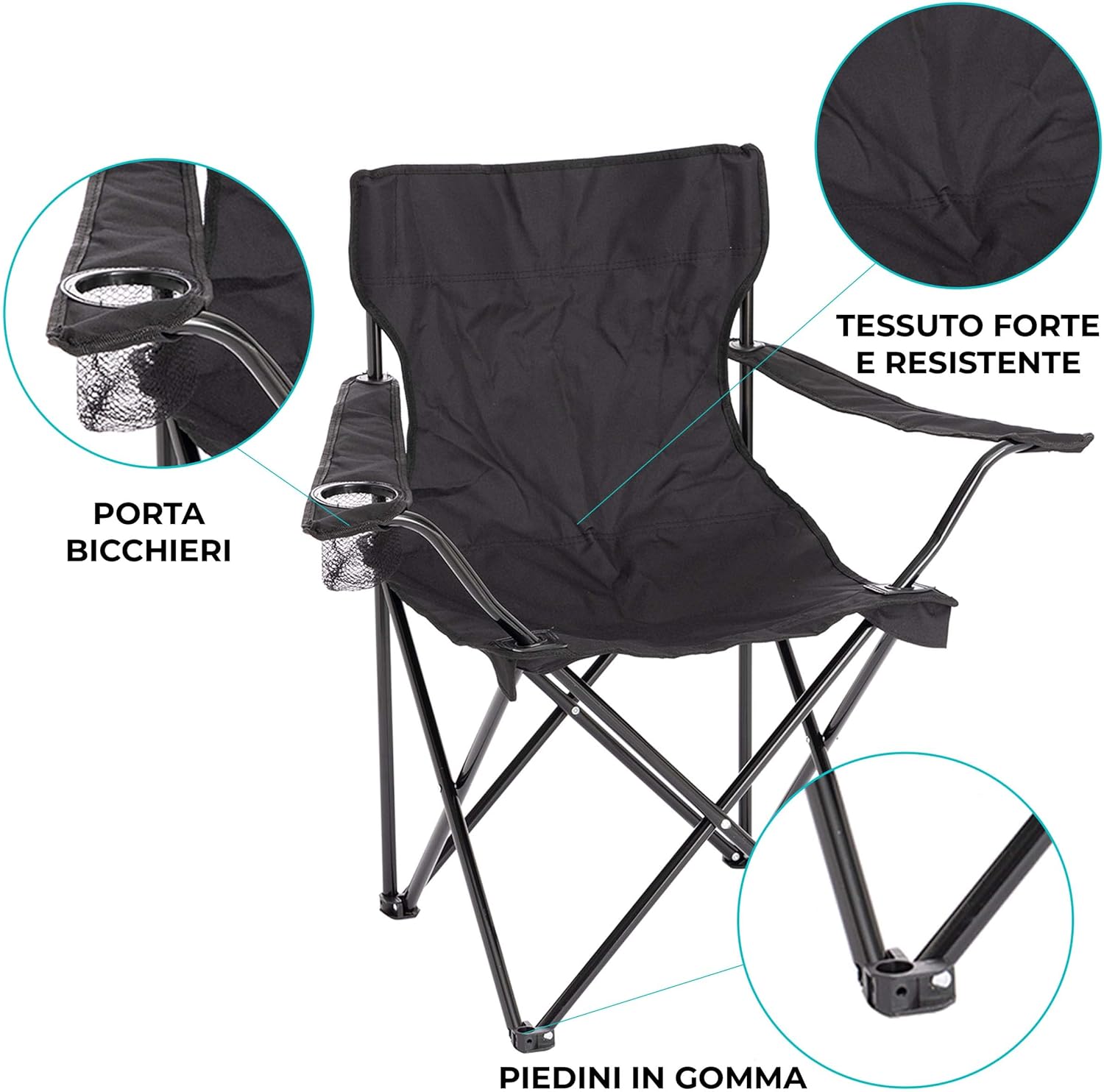 Detalle de Baroni Home Sedia Campeggio Pieghevole da Esterno: Seduta leggera e robusta, con porta bevande, set da 2 nera