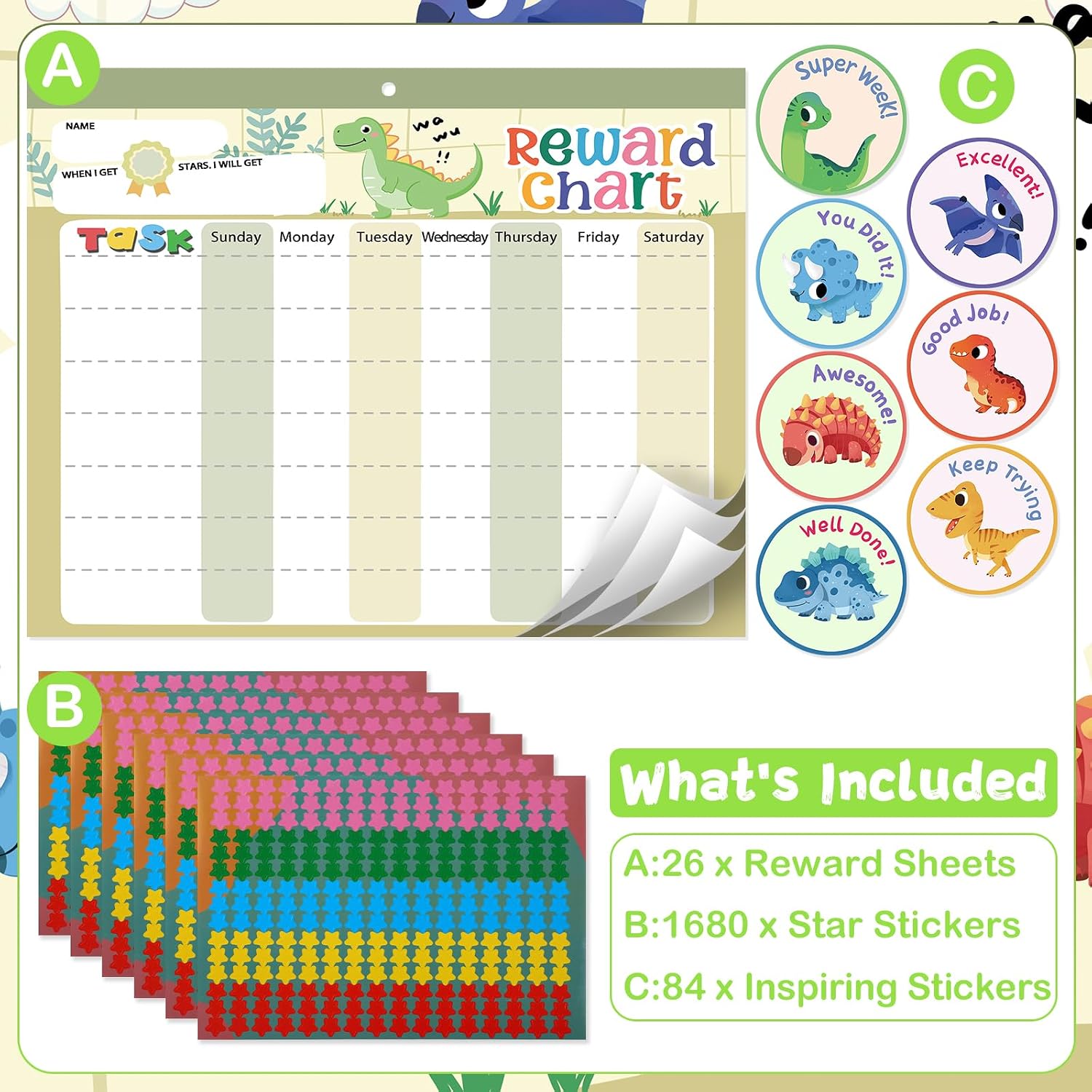 Detalle de khlerox Magnetic Reward Chart for Kids at Home (Dinosaur) with 26 Chore Charts & Star Stickers