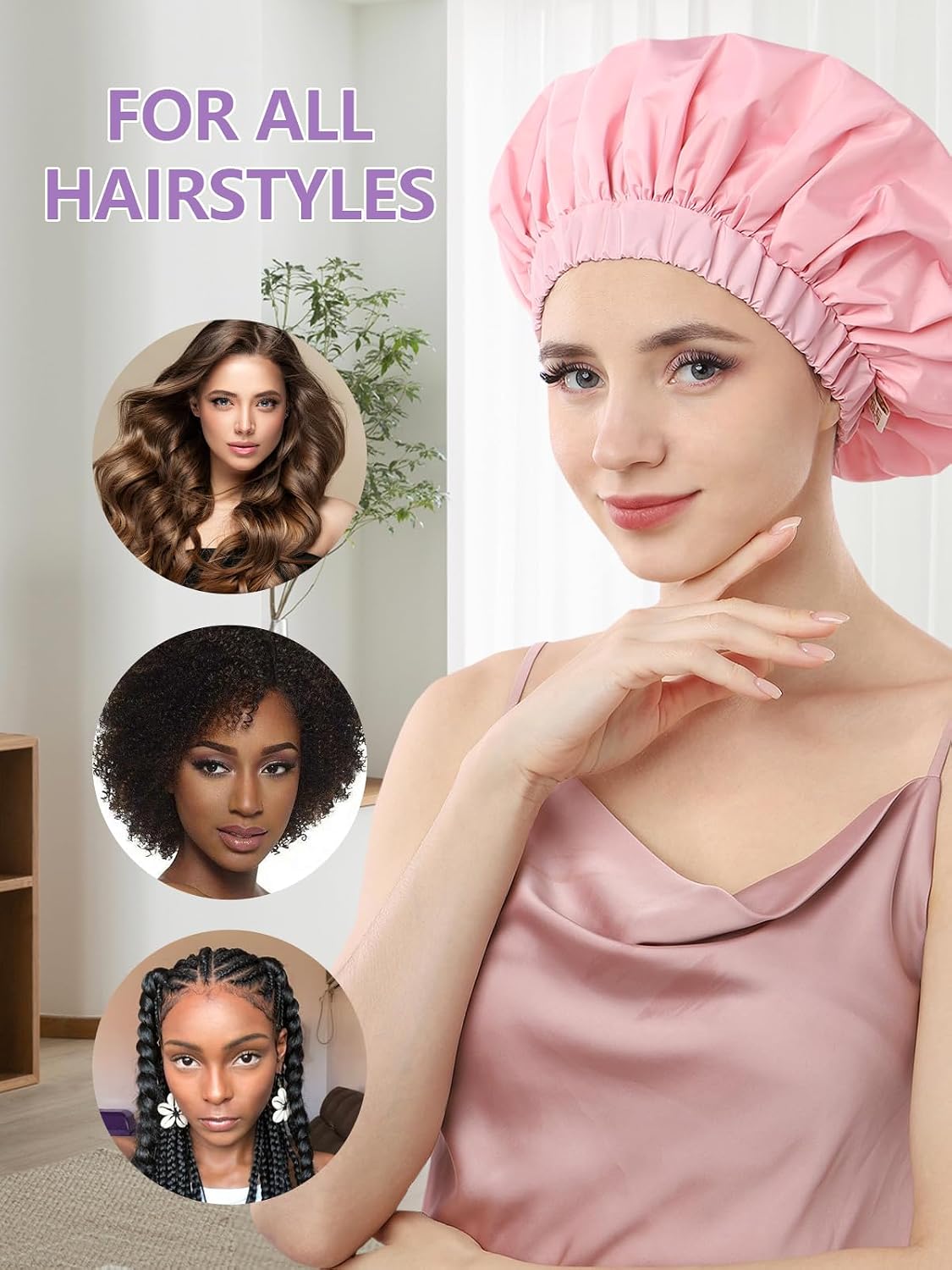 Thumbnail 4 de Years calm YC-JYM Waterproof Shower Cap, Extra-Large, Double-Layer, Pink