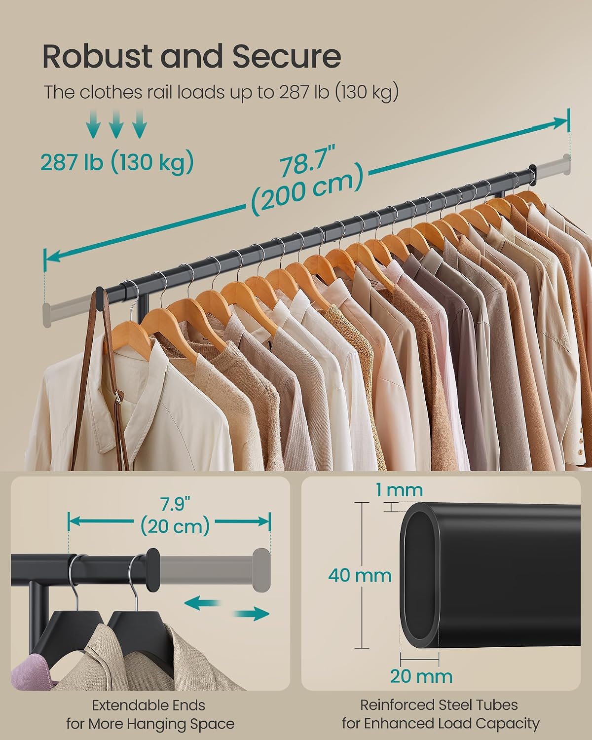 Detalle de SONGMICS Clothes Rack on Wheels, Heavy Duty Rail with Extendable Hanging Rail, 150 kg Load Capacity – HSR175B01