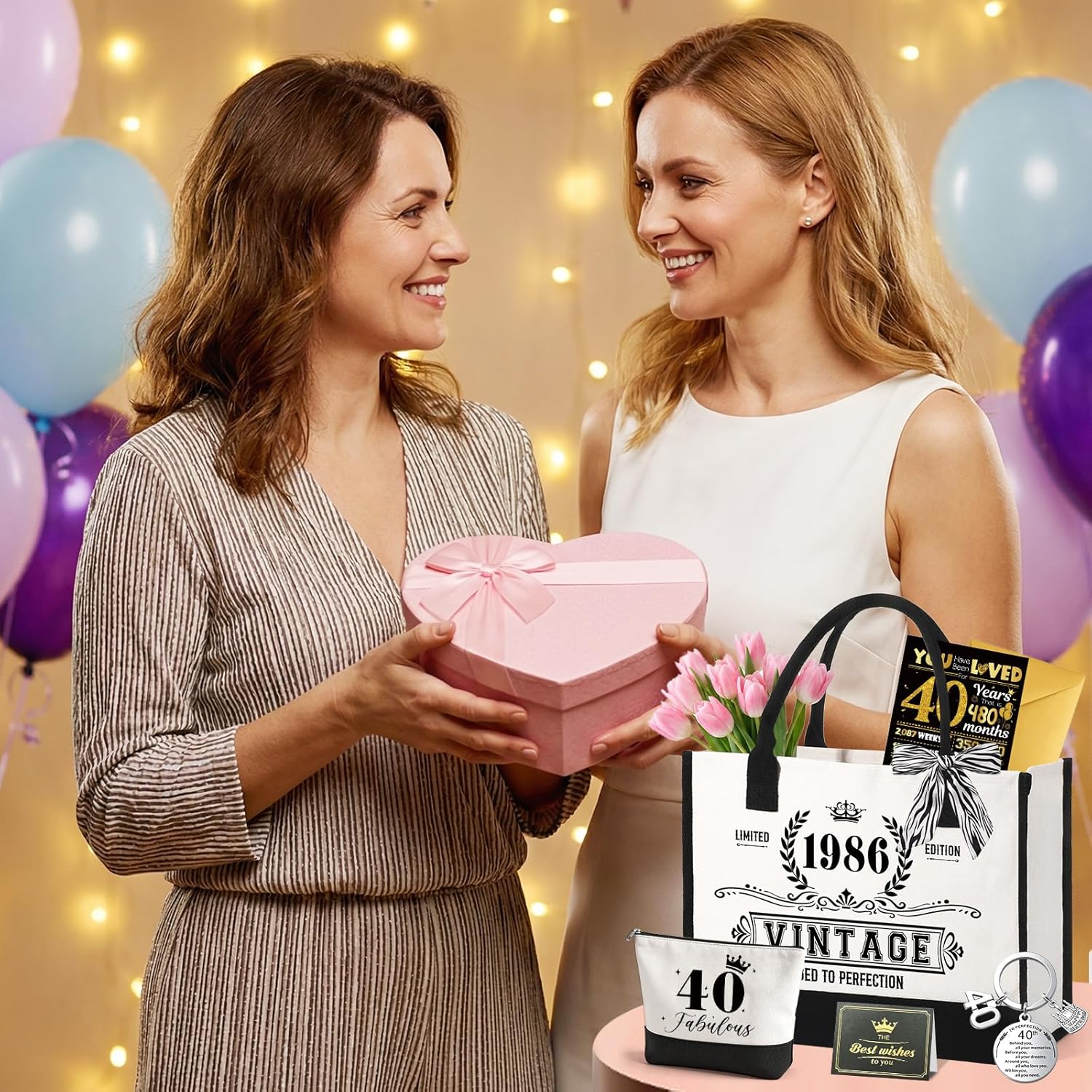 Detalle 2 de ePicsoa 40. Geburtstag Geschenk Mädchen – Vintage 1986 Canvas Einkaufstasche + Kosmetiktasche Set
