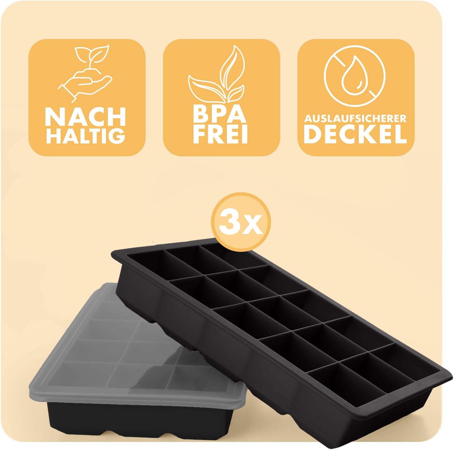 Thumbnail 1 de Blumtal Eiswürfelformen Silikon 3er Set – 15er Eiswürfelform mit Deckel, BPA-frei, lebensmittelecht, Schwarz