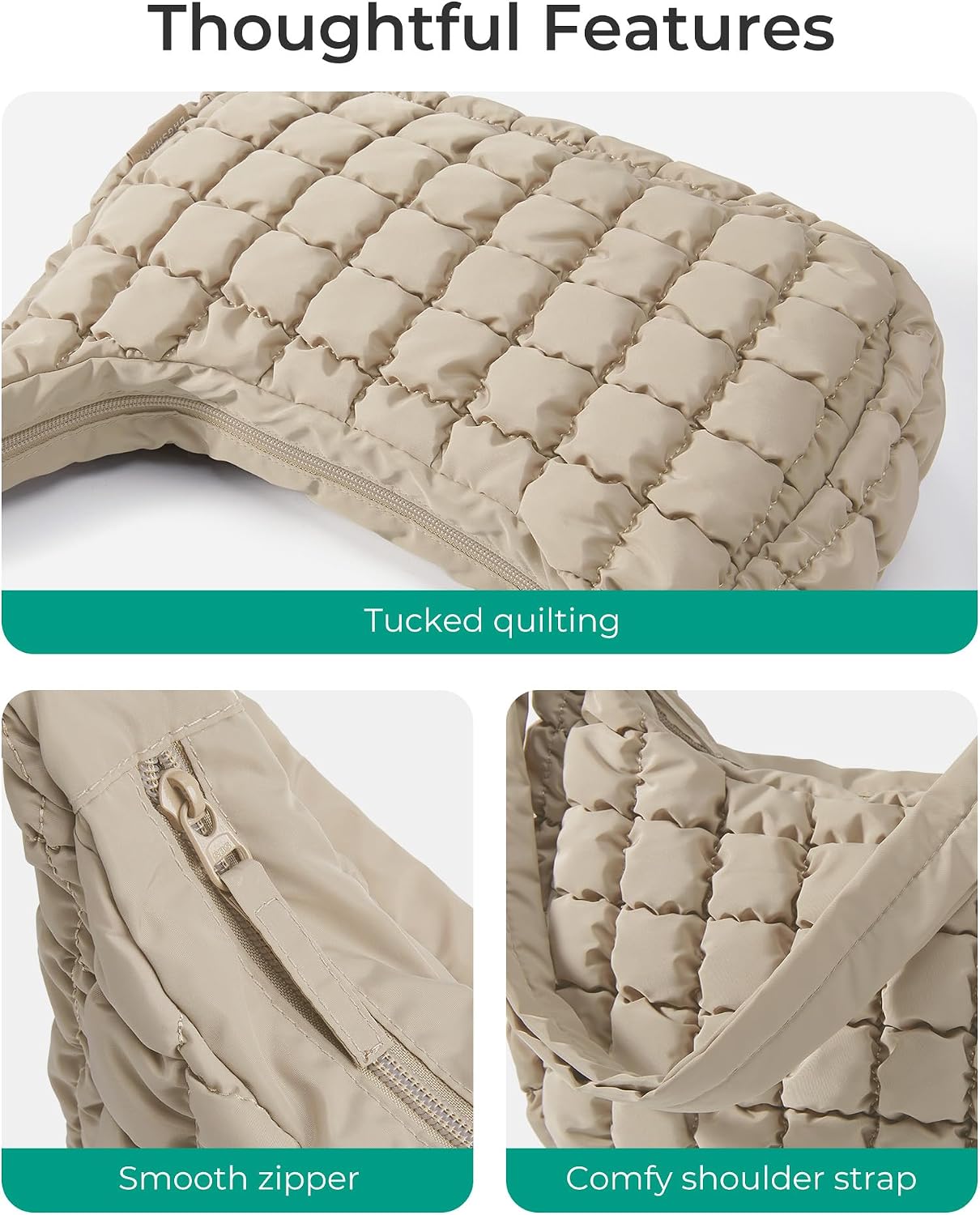 Detalle 2 de bagsmart Crossbody Bag for Women, Quilted Nylon — Forest Green, 2.4L
