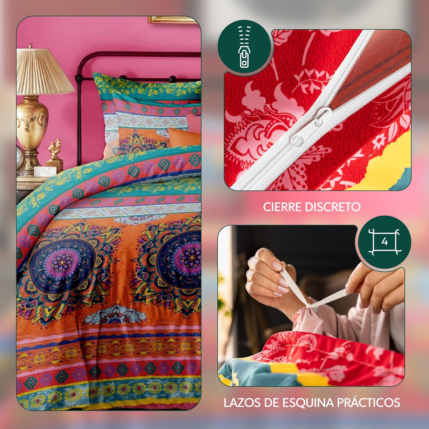 Detalle 2 de Funda Nórdica Nordica 200x200 Boho Mandala Rosa 🌸 con 2 Almohadas