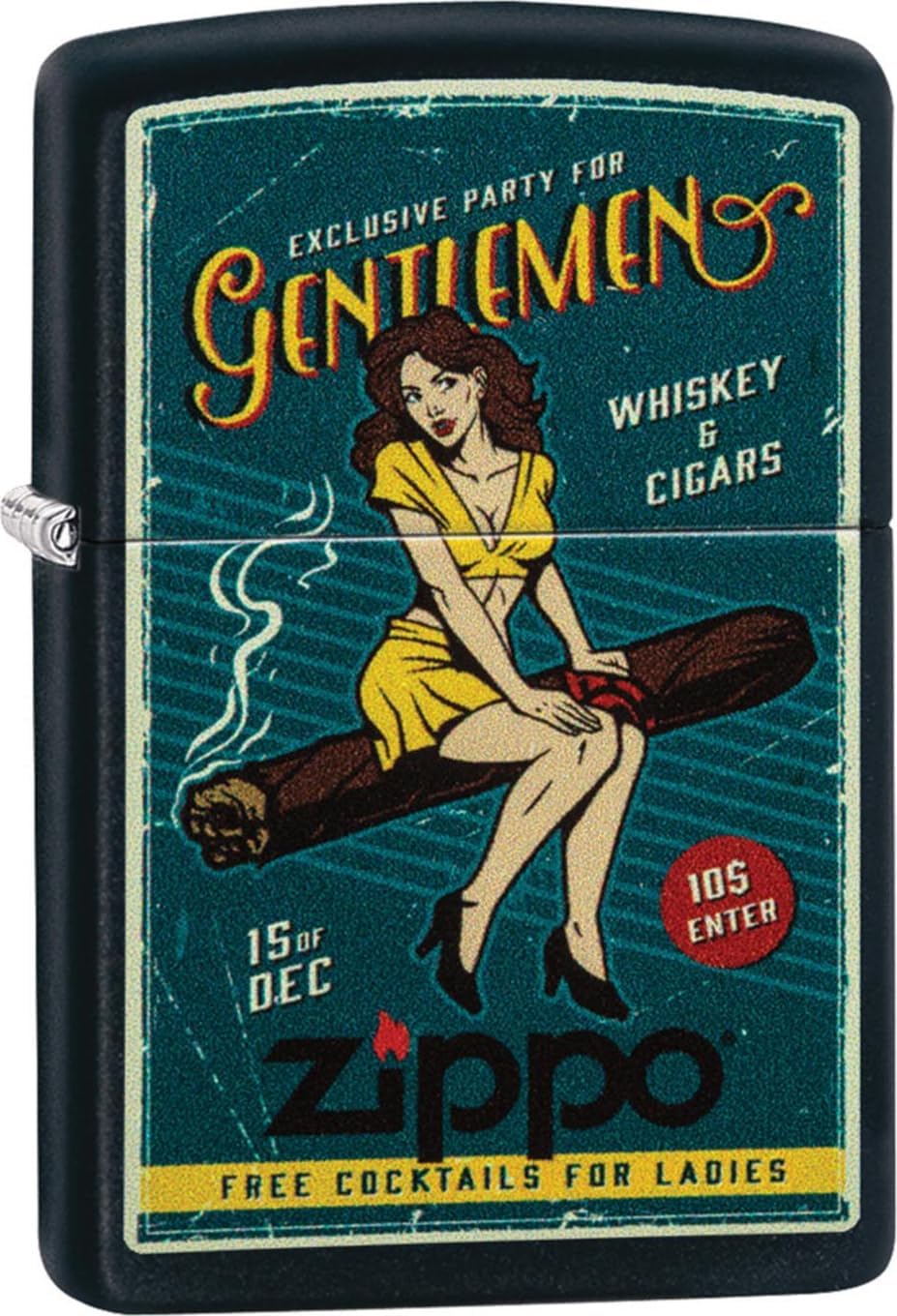 Zippo briquet tempête motif femme et cigare noir mat (rechargeable, réutilisable) en coffret cadeau