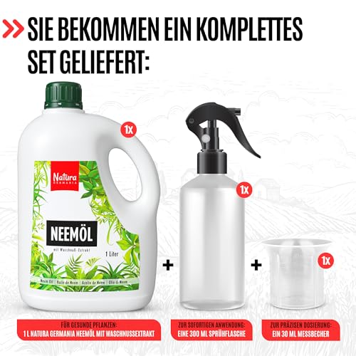 Detalle de Natura Germania Neemöl 500ml – Mit Waschnussextrakt, Sprühflasche & Messbecher