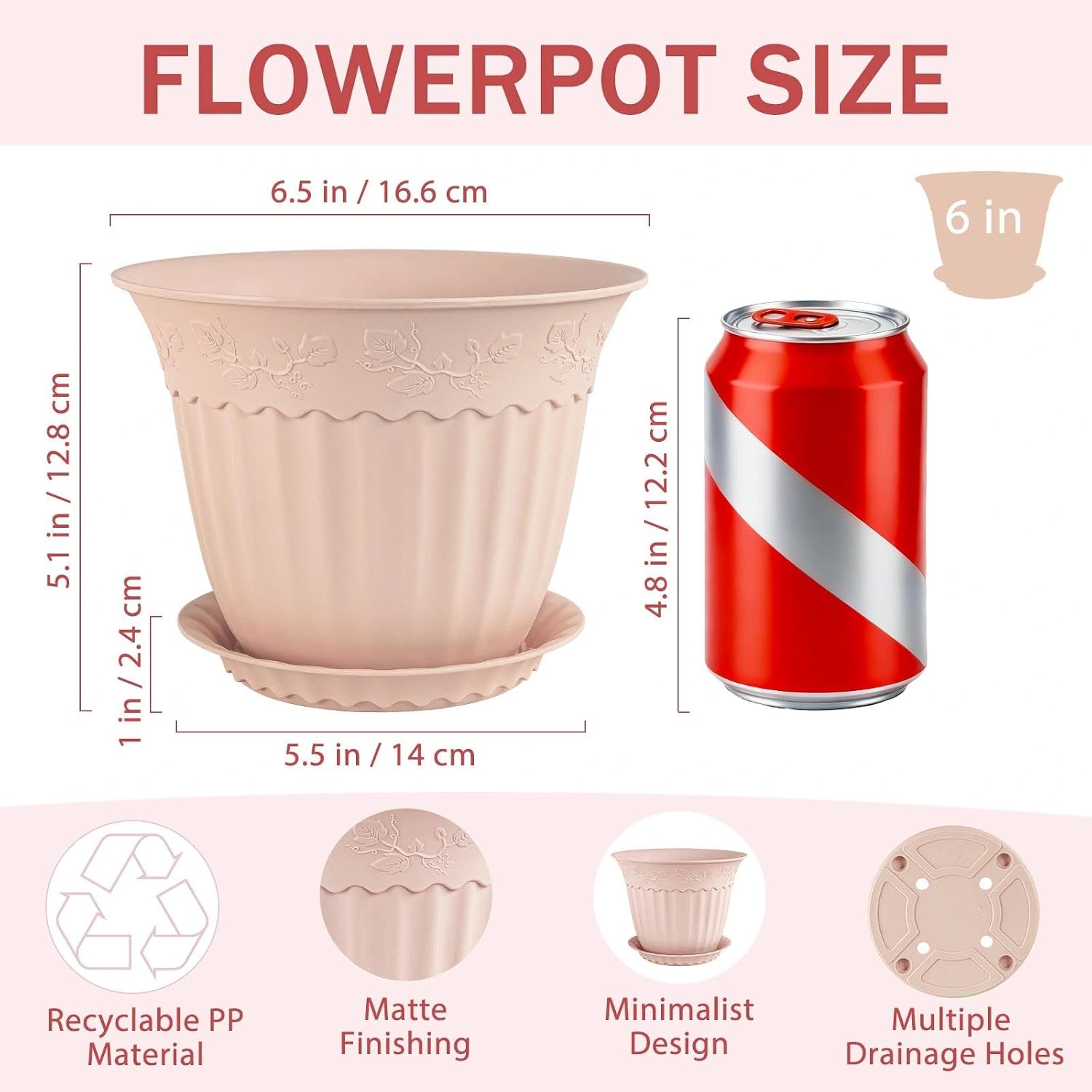 Detalle 2 de ZMTECH 6-Inch Blush Pink Plant Pots with Saucers, 12-Pack, Embossed