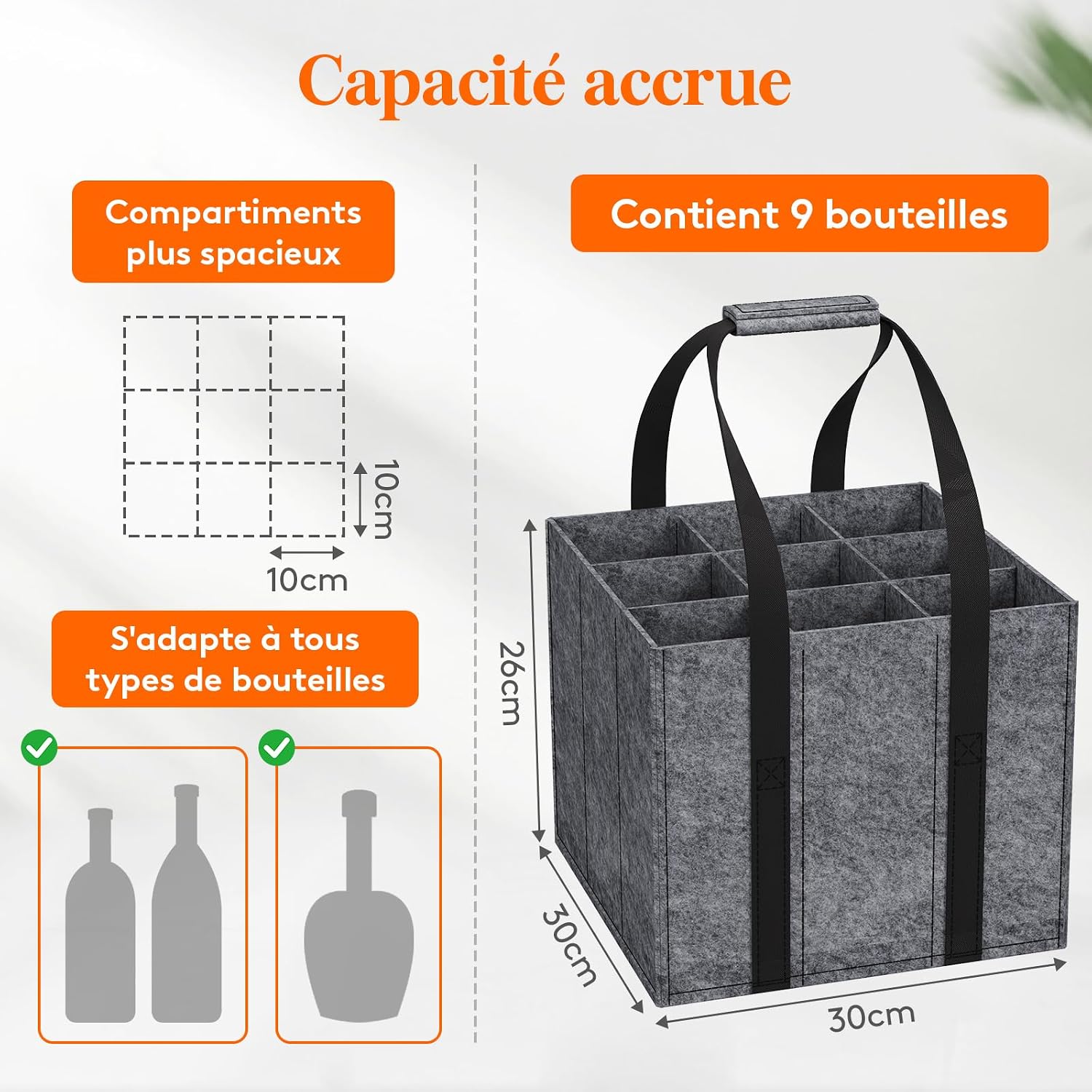 Detalle de Lifewit lot de 2 sacs porte-bouteilles en feutre avec poignées (jusqu’à 9 bouteilles de 1,5 L)