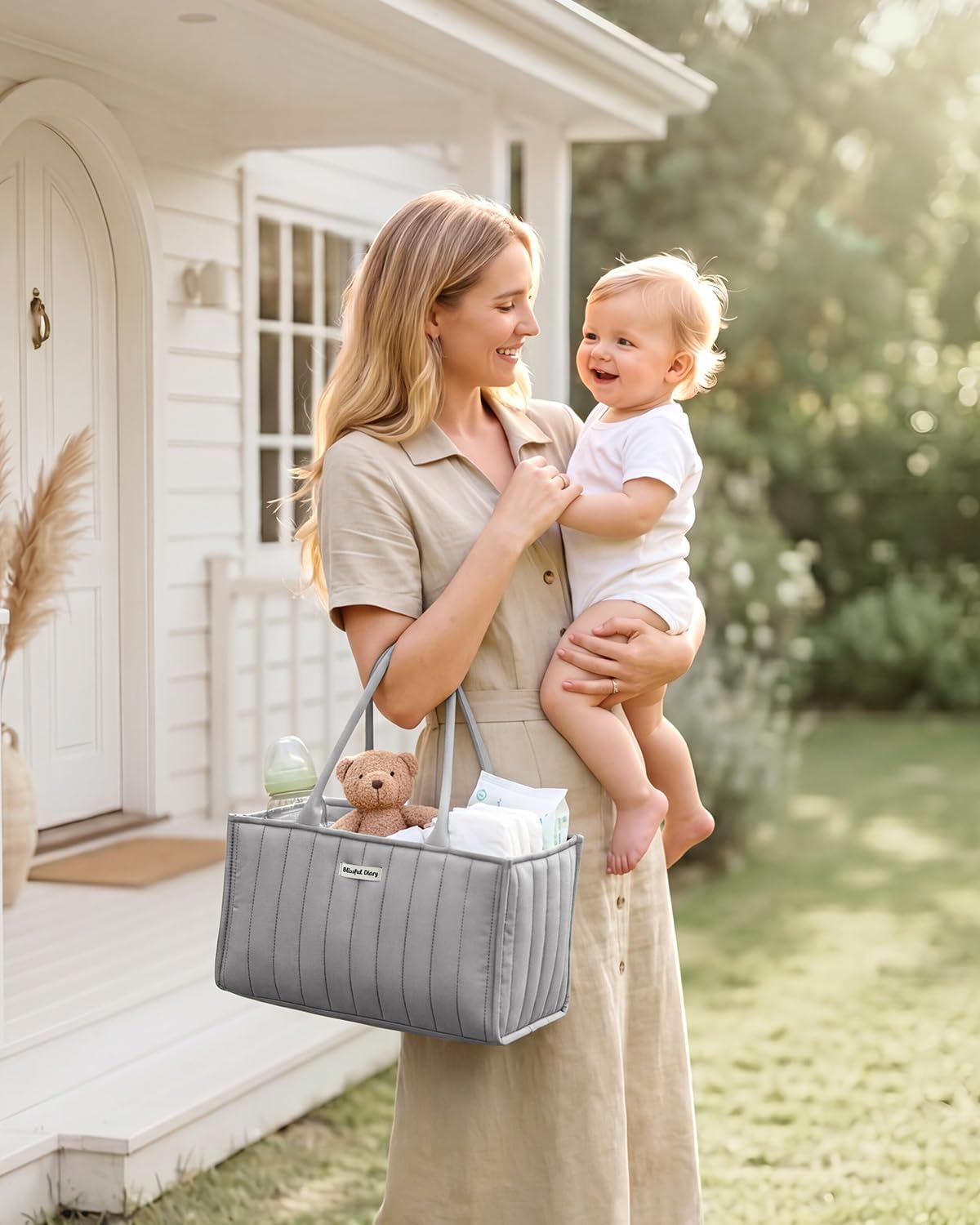 Detalle 2 de Blissful Diary SNB-01 Baby Diaper Caddy, Light Gray Polyester with Removable Dividers
