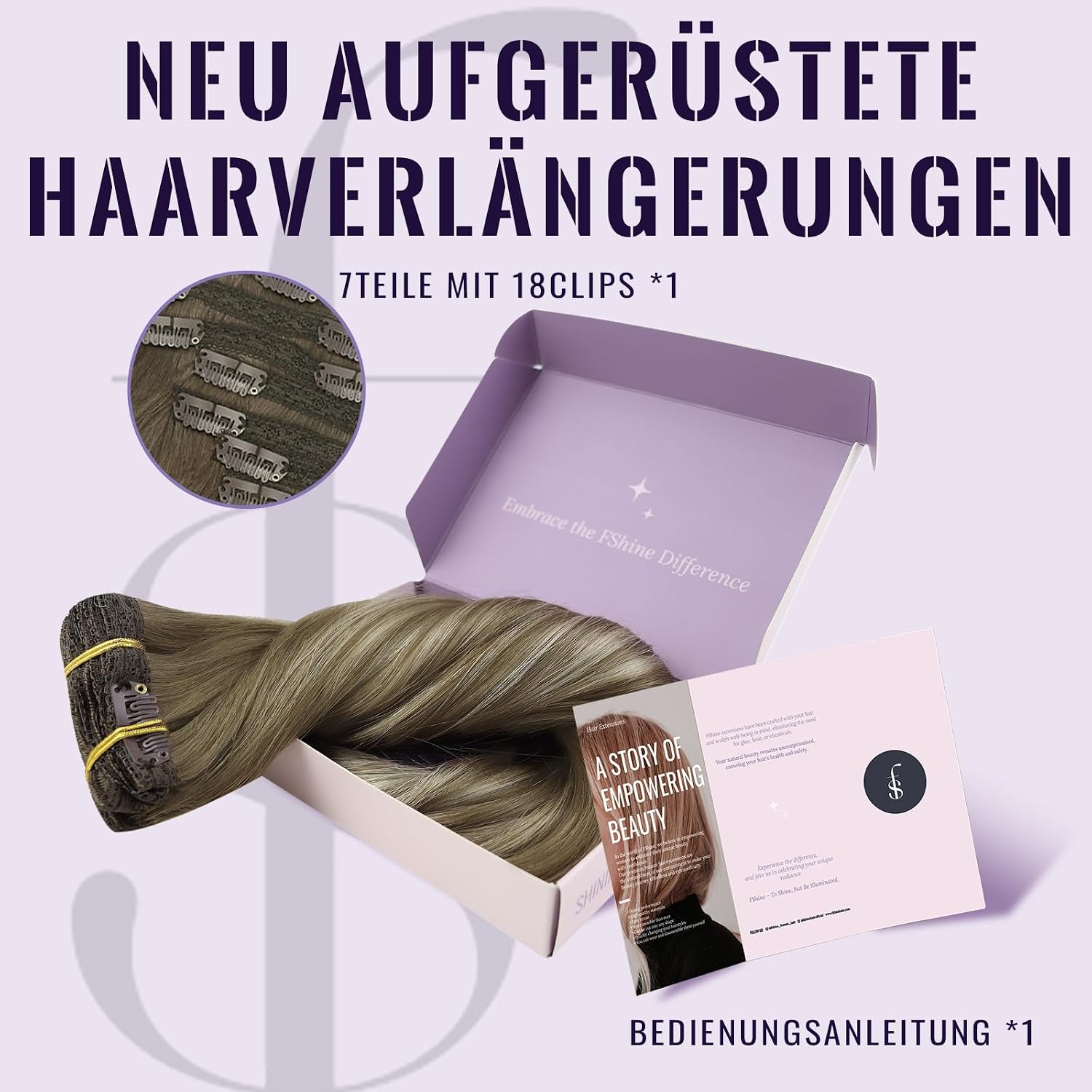 Detalle 2 de Fshine Clip-in Echthaar Extensions 45 cm, 120 g – Balayage Mittelbraun bis Hellblond, 7 Stück