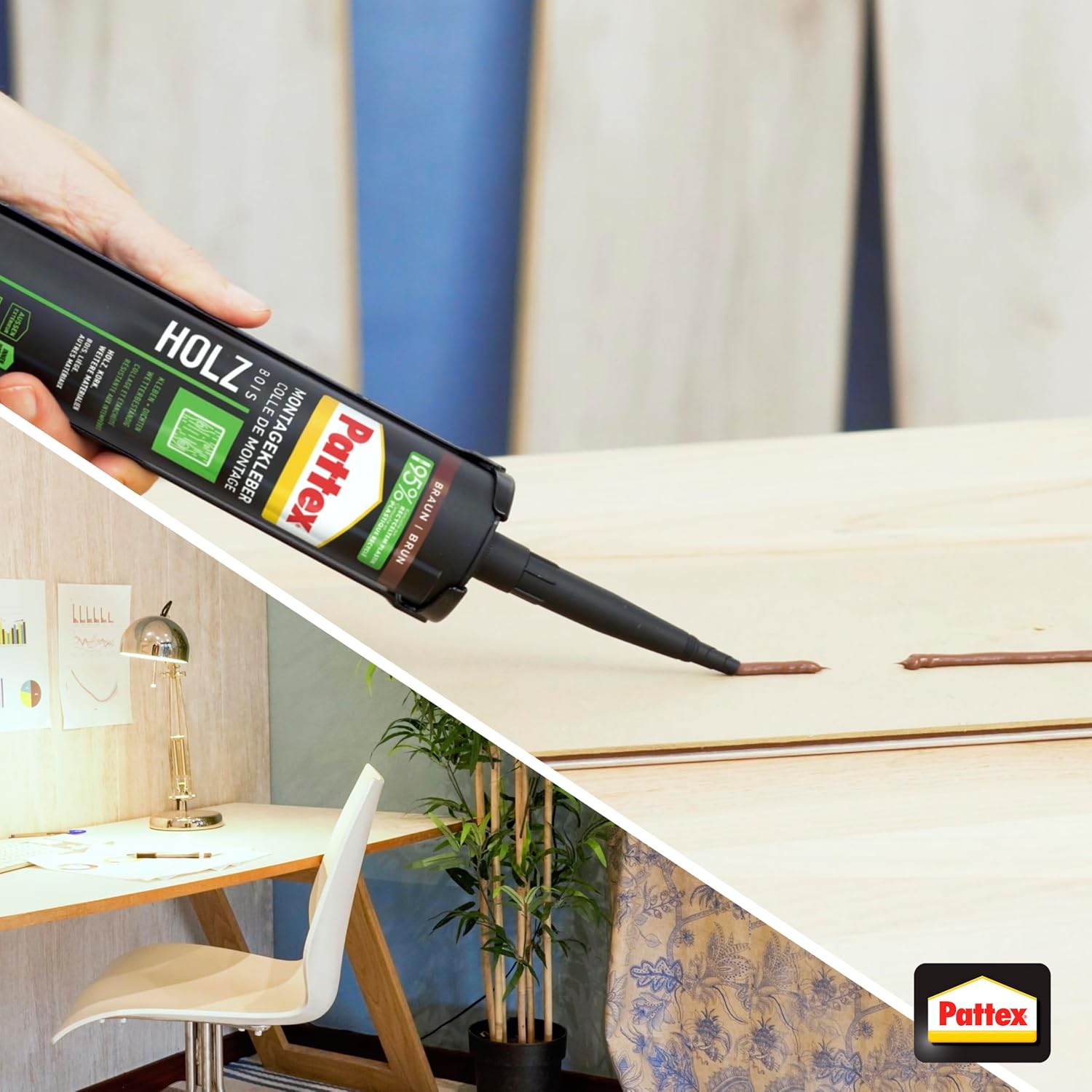 Detalle 2 de Pattex Montage Holz (FlexTec), brauner Montagekleber für Holz und Holzwerkstoffe – wetterbeständig, 1x420 g Kartusche