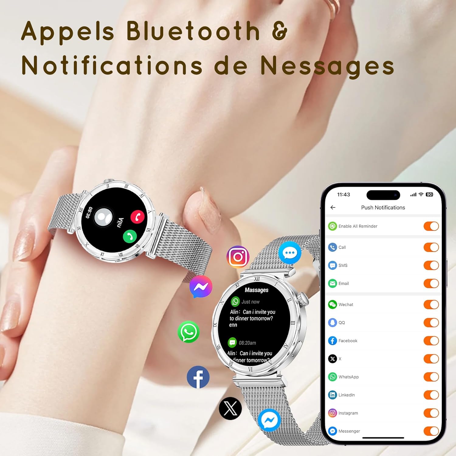 Detalle 2 de Montre connectée Femme (3 Bracelets) - Écran AMOLED 1,19'', IP68, 120+ modes sportifs