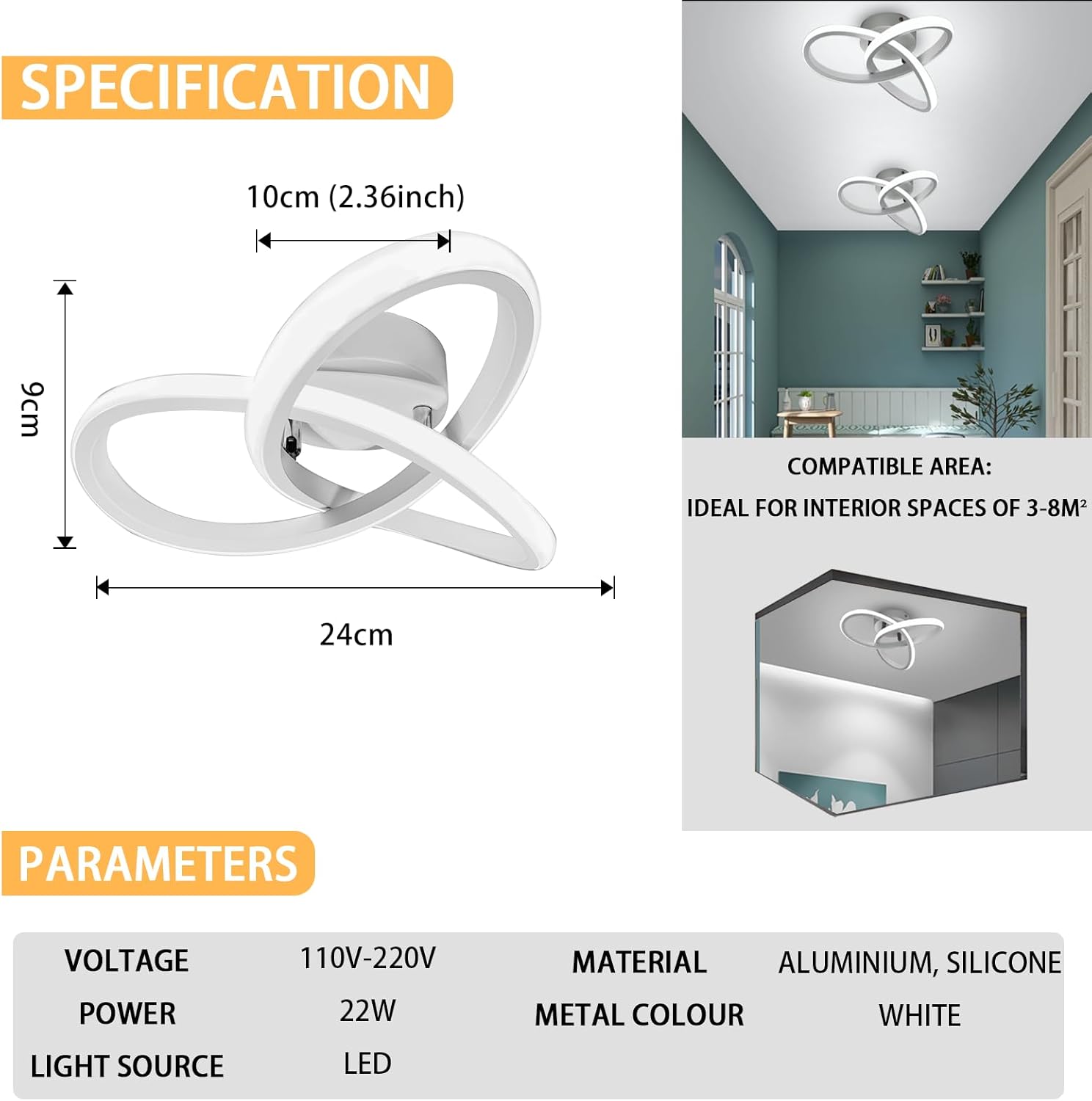 Detalle de EIDISUNY Ceiling Light LED Lamp 2 Rings – Nordic White, 22W, 6000K (Not Dimmable)