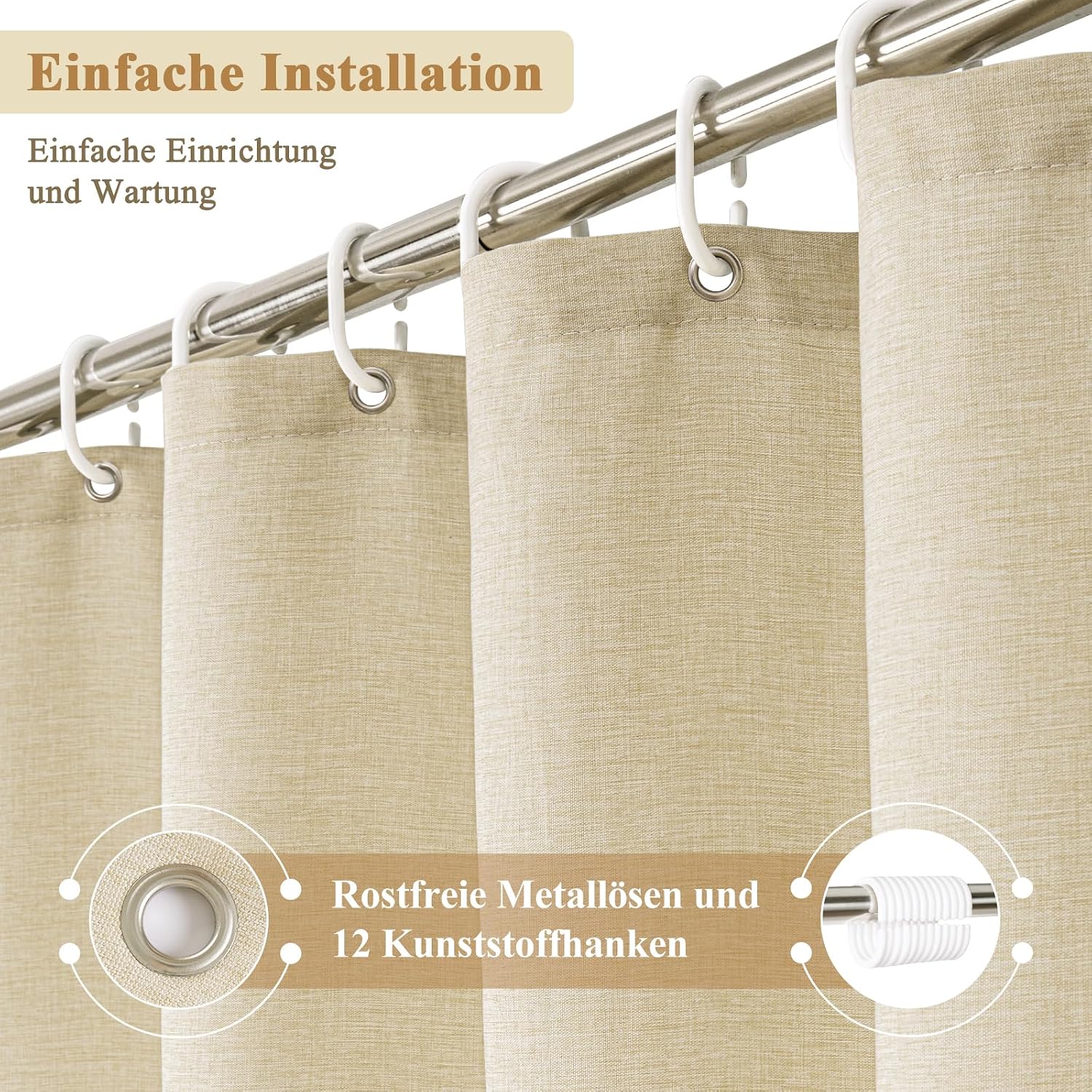 Thumbnail 1 de EurCross rideau de douche en lin texturé 180 x 160 cm beige, tissu polyester lourd imperméable avec 12 anneaux