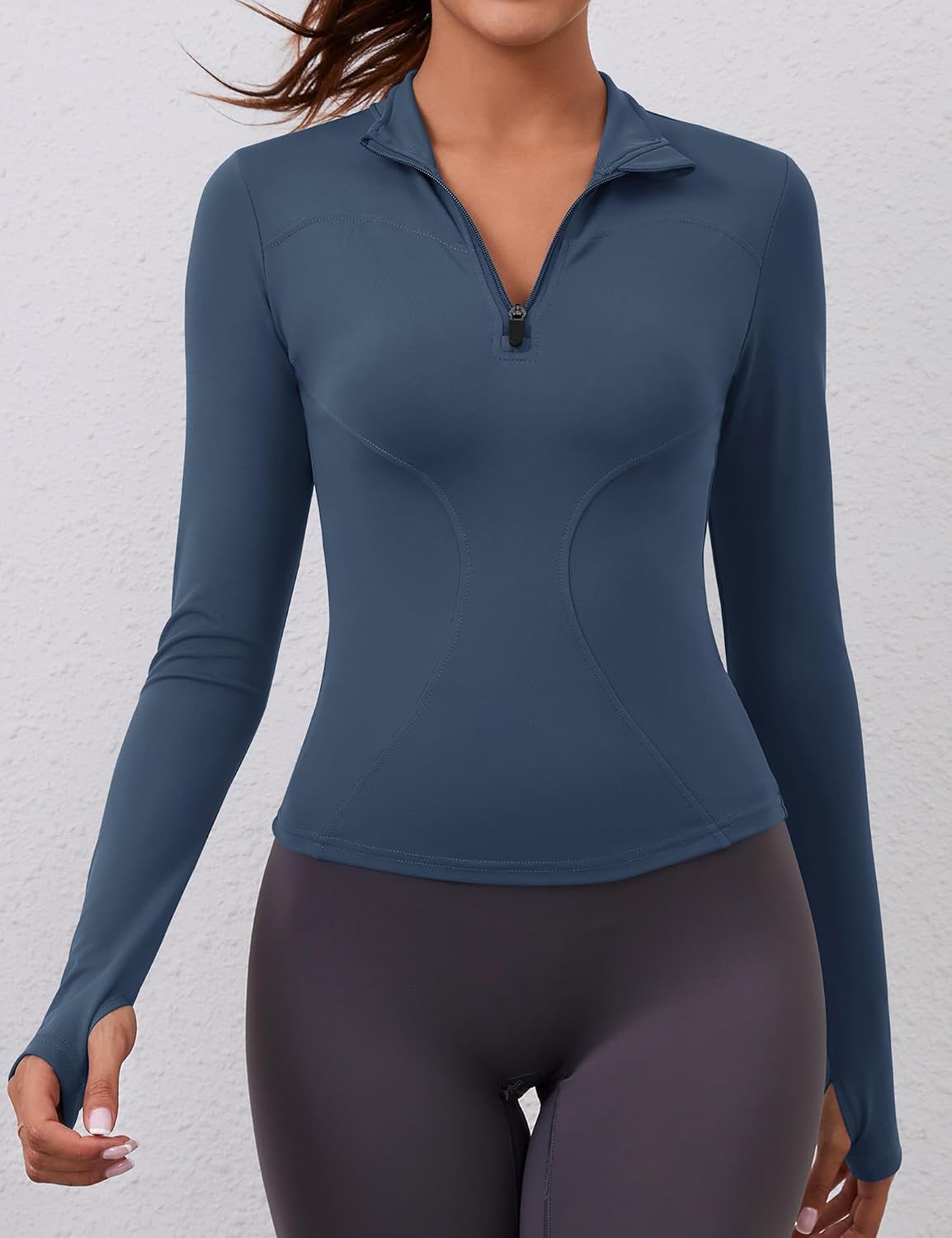 Detalle de Rapbin Women’s Long Sleeve Gym Tops 1/4 Zip with Thumb Holes (Quick Dry Slim Fit)