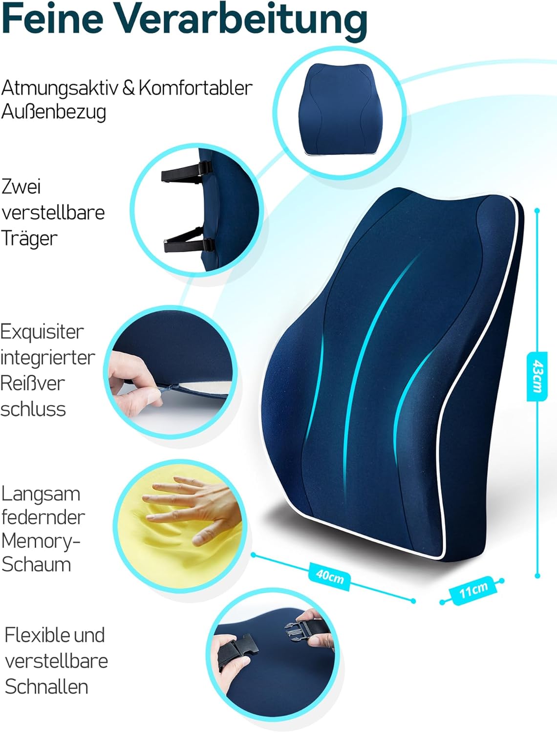 Thumbnail 4 de Travel Ease ergonomisches Rücken- & Lendenkissen aus Memory Foam (dunkelblau) für Bürostuhl und Auto