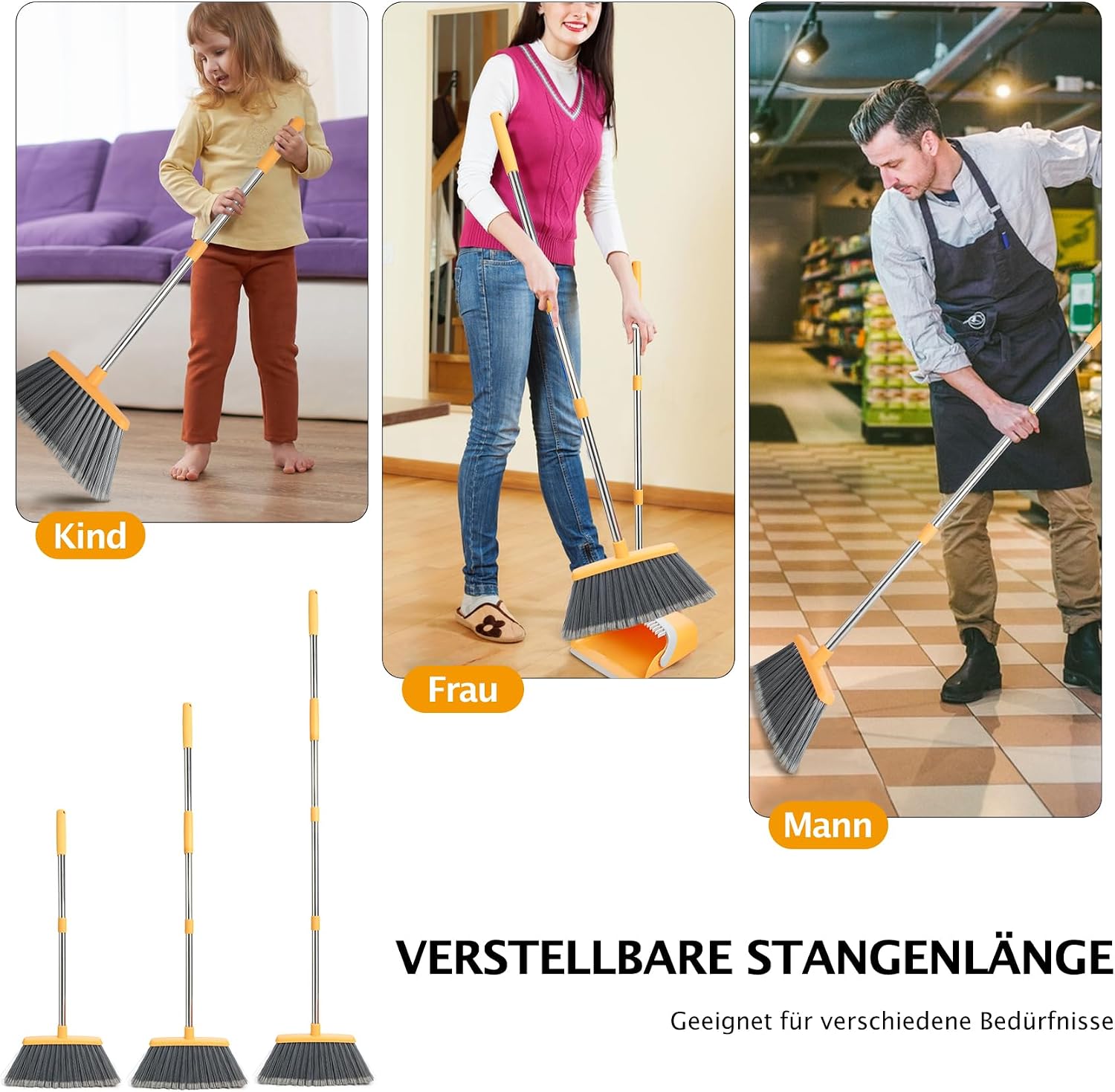 Thumbnail 6 de XXFLOWER Besen- und Kehrschaufel-Set mit langem Stiel – 129 cm Griff, 5‑lagige PET-Borsten, ausziehbar