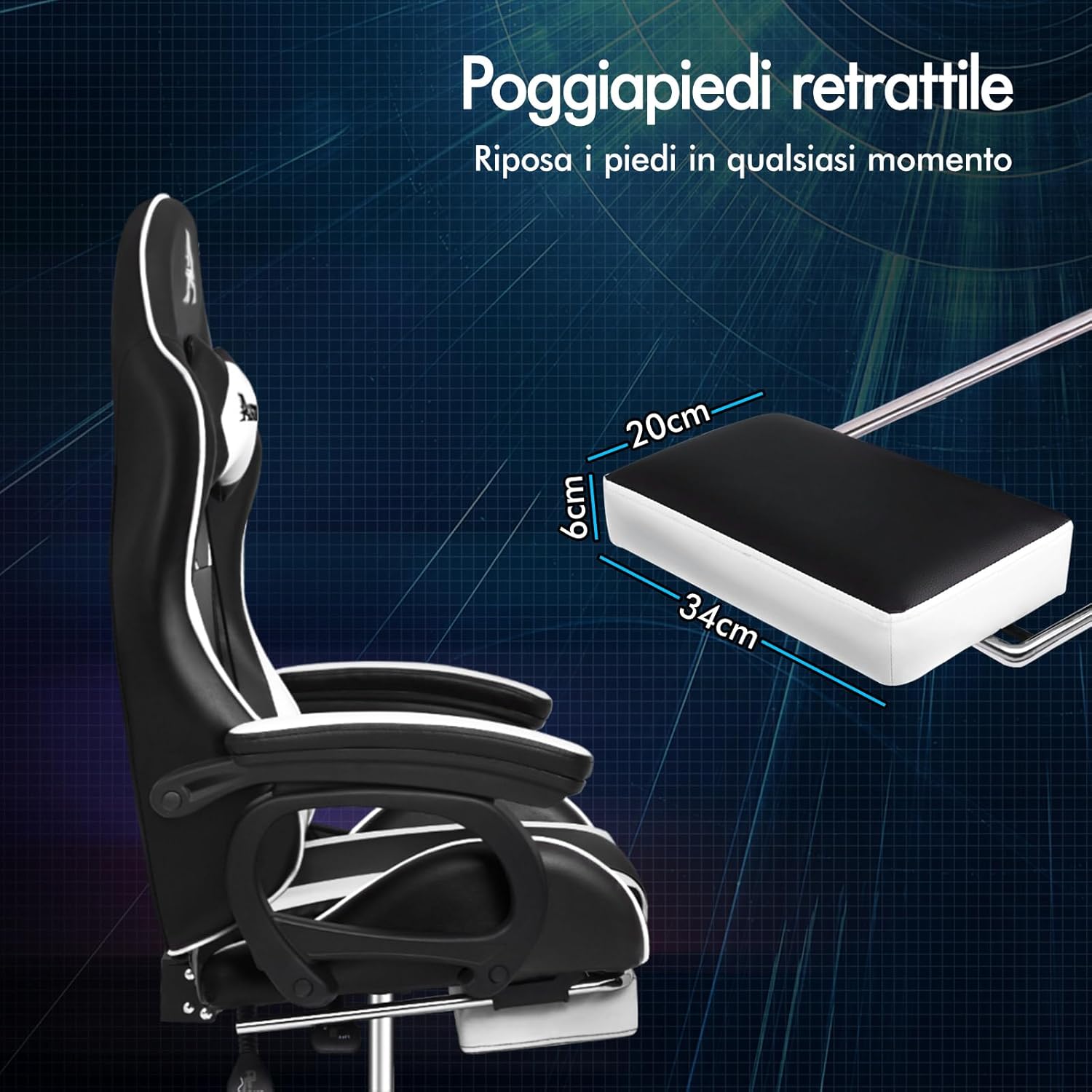 Detalle de ALFORDSON Sedia da Gaming Massaggiante con Poggiapiedi Telescopico e Supporto Lombare – Ergonomica, Bianca