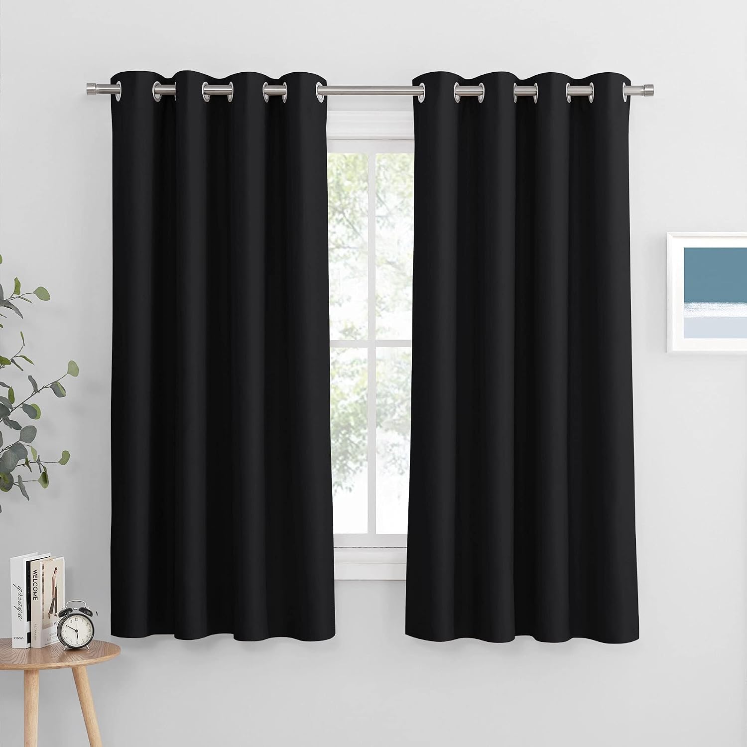 Detalle de PONY DANCE Blackout Eyelet Curtains (2 Panels, 46 x 60 Inch) – Black, Triple Weave Light Blocking for Bedroom