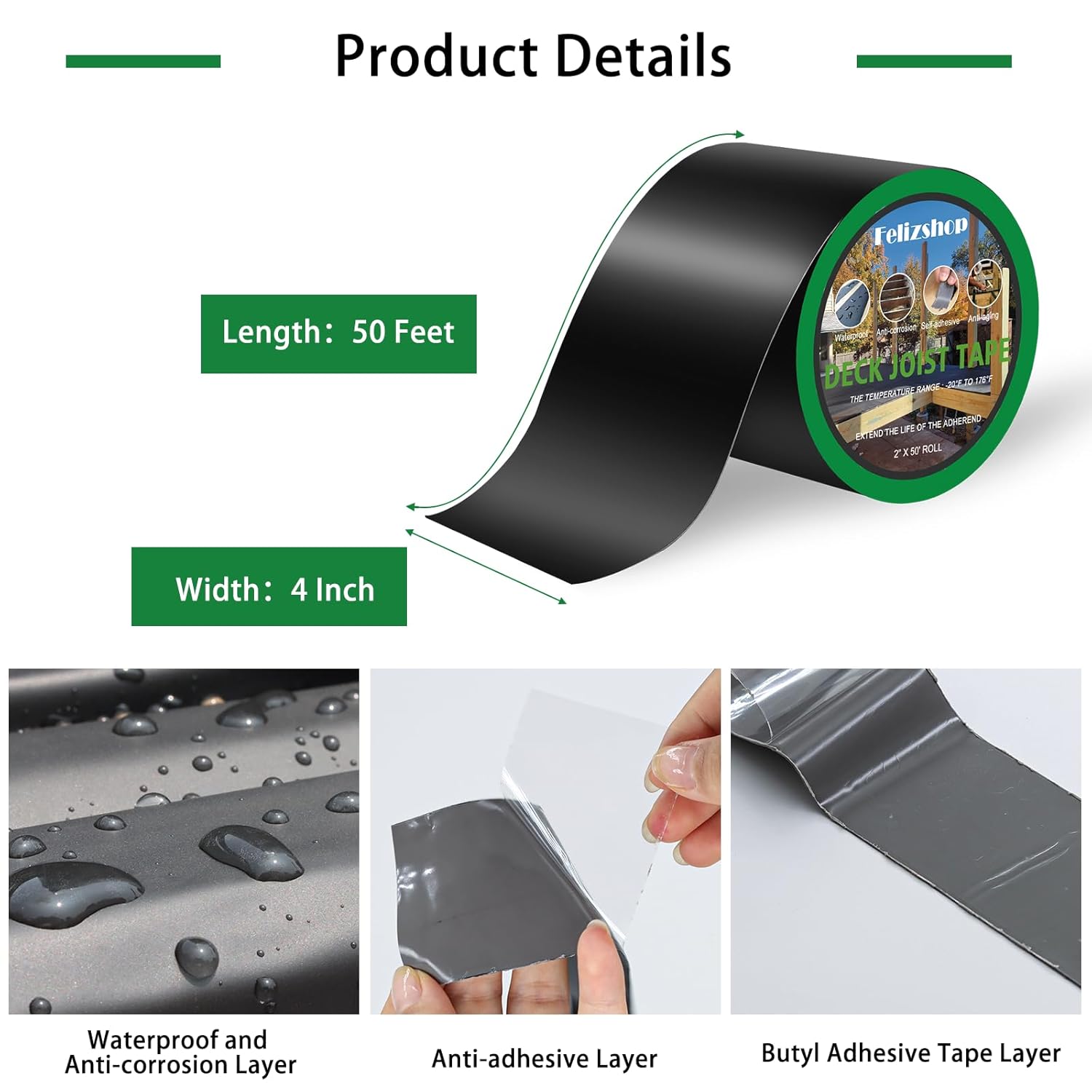Thumbnail 1 de Felizshop Joist Tape for Decking — 4" x 50' Waterproof Butyl Tape (2 Rolls) for Joists, Beams, and More