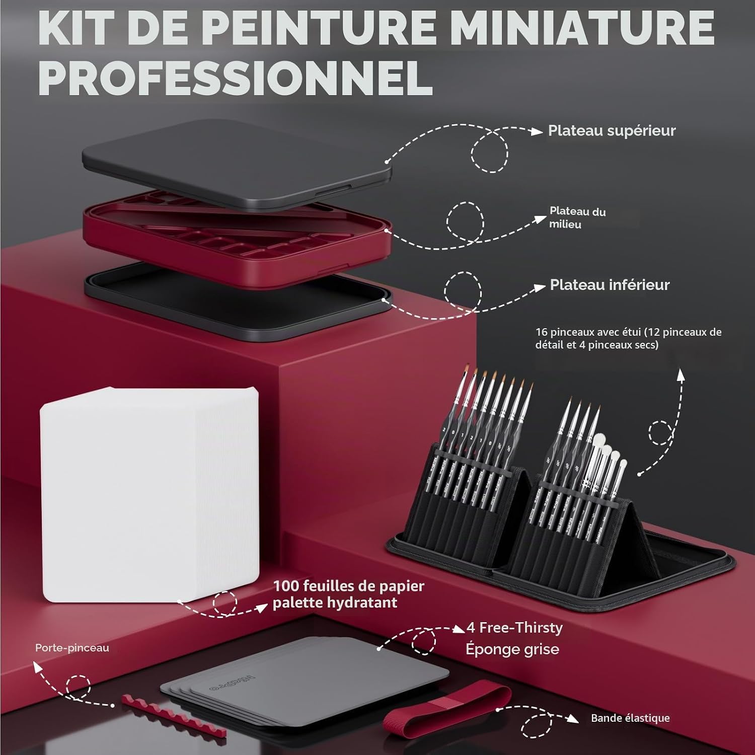 Detalle de Nicpro Kit de Peinture Miniature Professionnel — Palette Humide 2 en 1 et 16 pinceaux