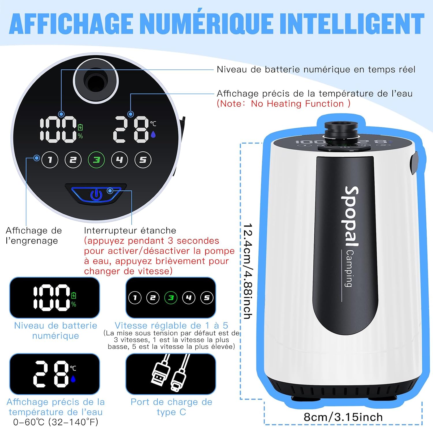 Detalle 2 de Spopal draagbare campingdouche met pomp, ledscherm en batterij van 10.000 mAh