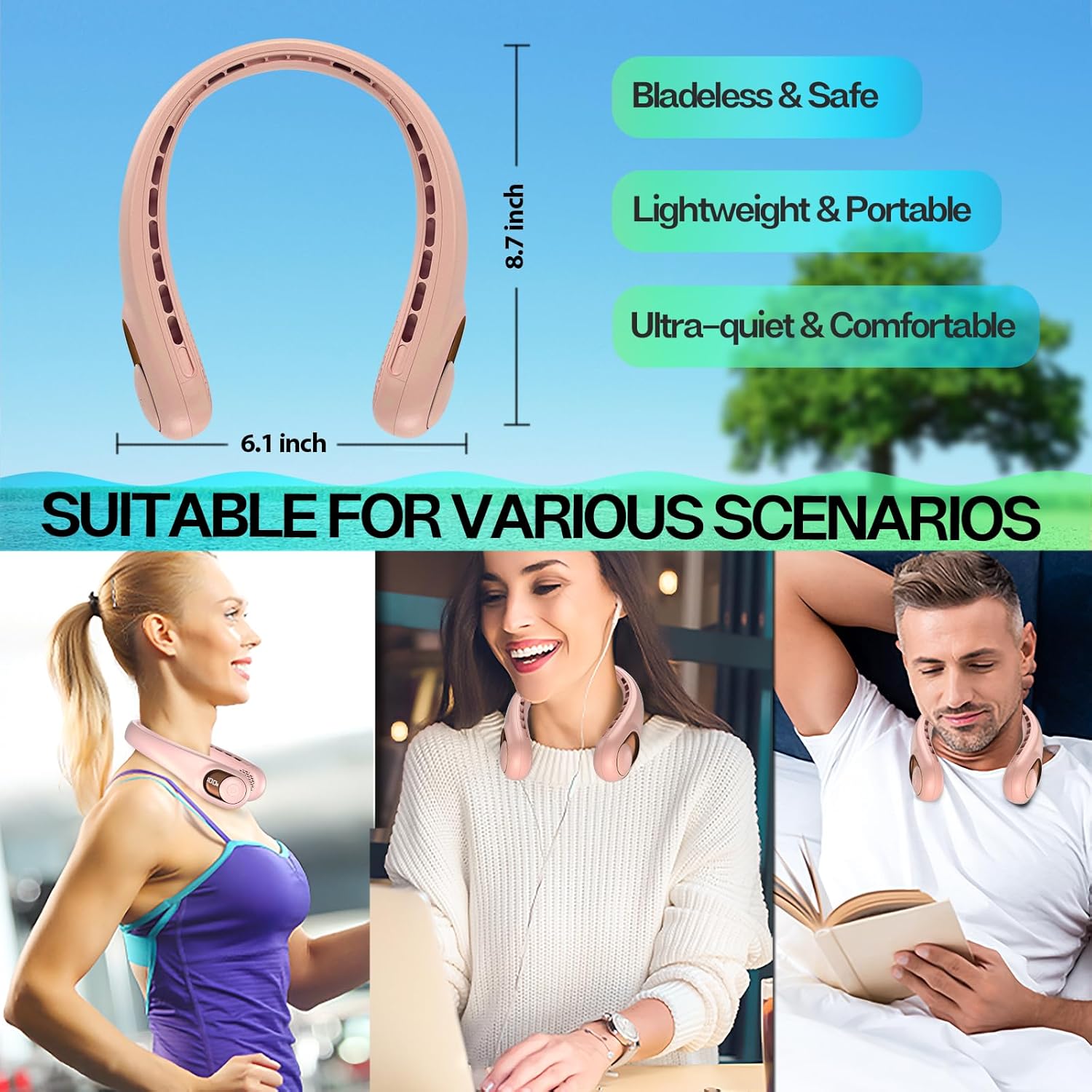 Detalle de Neck Fan, Portable Bladeless Neck Fan with LED Display (Rose)