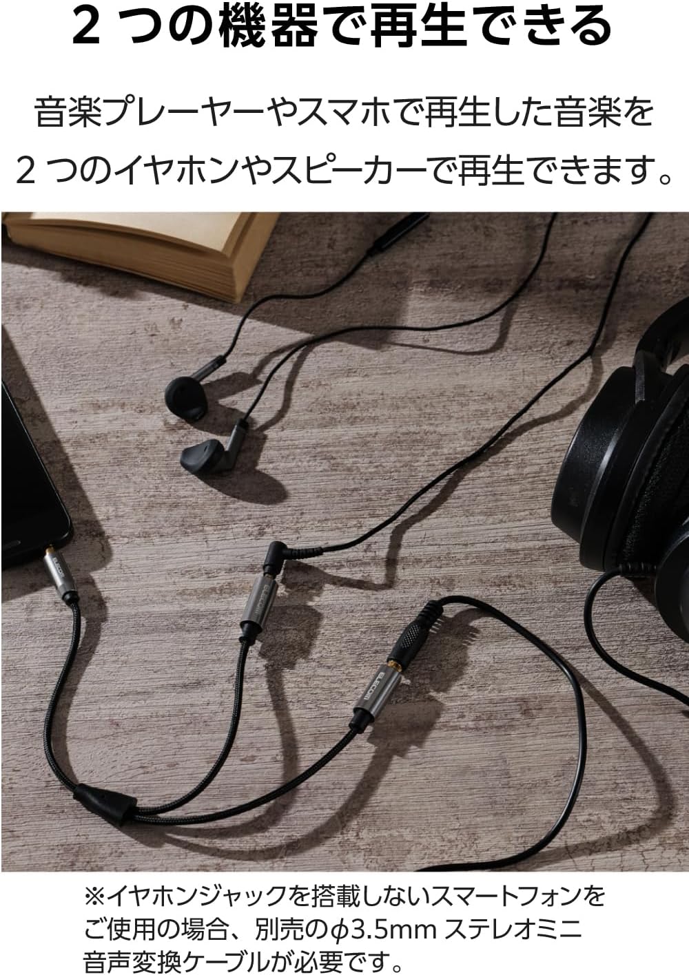 Thumbnail 2 de エレコム ECDH-35W02BK 3.5mmステレオミニ分配ケーブル 3極・約0.2m・ナイロンメッシュ