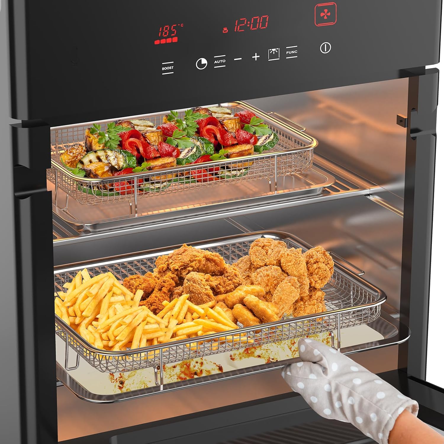 Detalle de OPENICE 2 Set Air Fryer Basket with Oven Crisper Tray (Large & Medium) — Non-stick Mesh Air Fry Pan