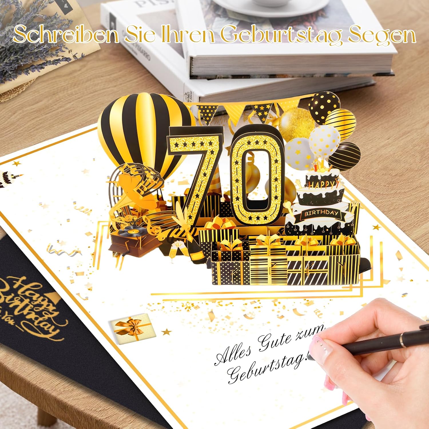 Detalle de OLOSONG Geburtstagskarte 70 – 3D Pop-up Klappkarte mit Umschlag, goldener Deko „70“
