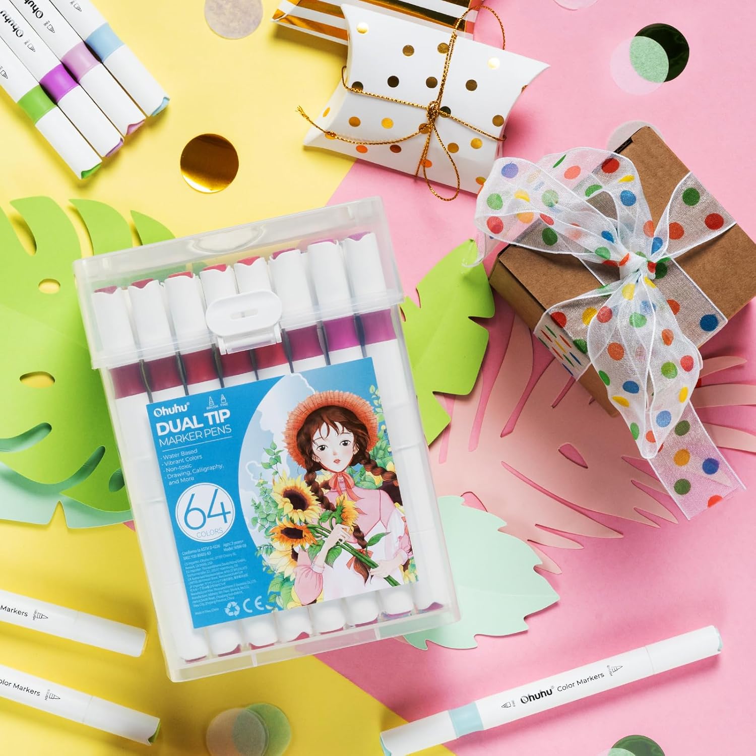 Thumbnail 6 de Ohuhu Water-Based Markers, 64 Colours Dual Tip (Brush & Fine) for Drawing, Manga, Calligraphy and Colouring