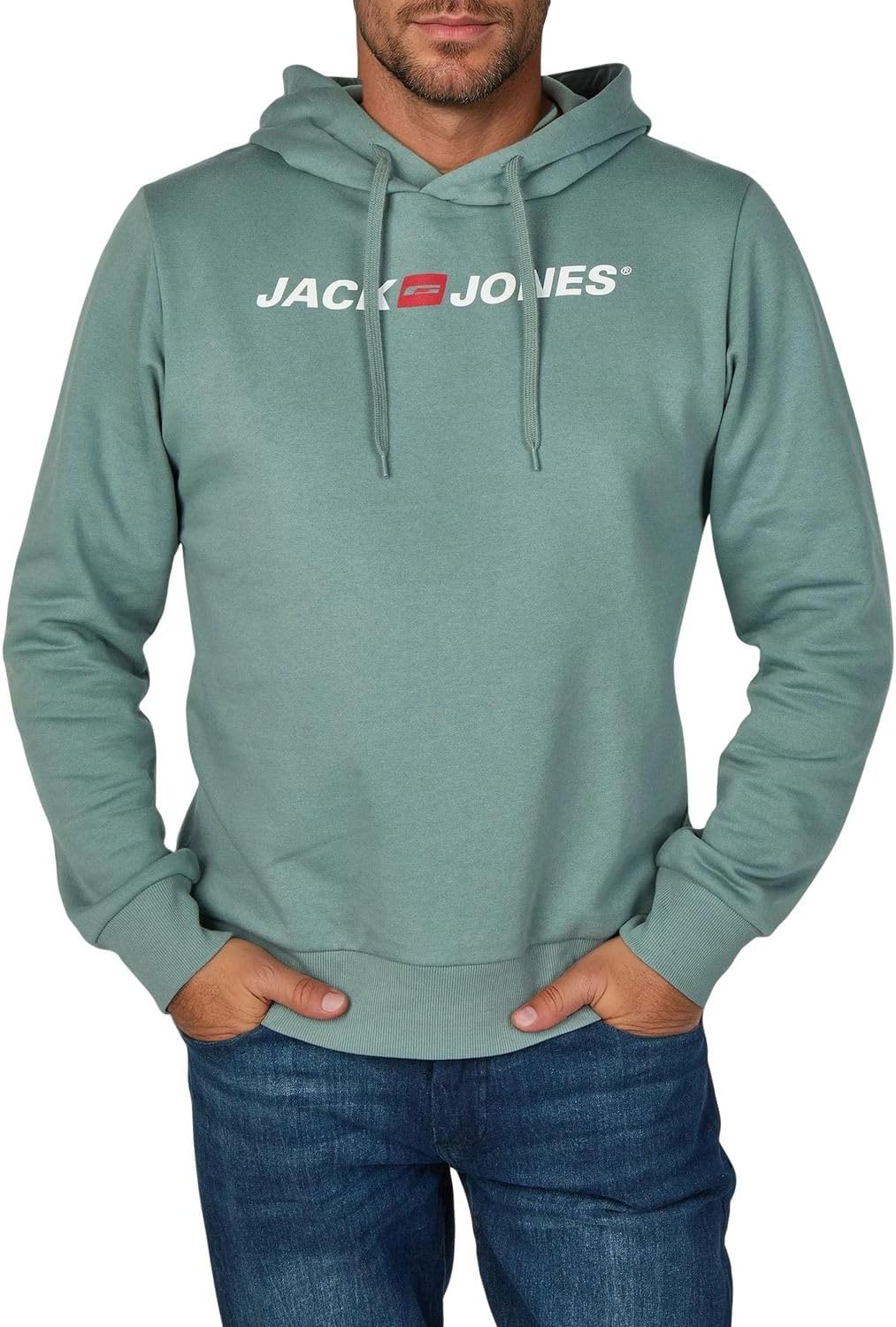 Detalle de Jack & Jones Herren-Hoodie mit Druck JJMORTY im Regular Fit (Kapuzenpullover) – Grün/Gelb/Grau/Rot