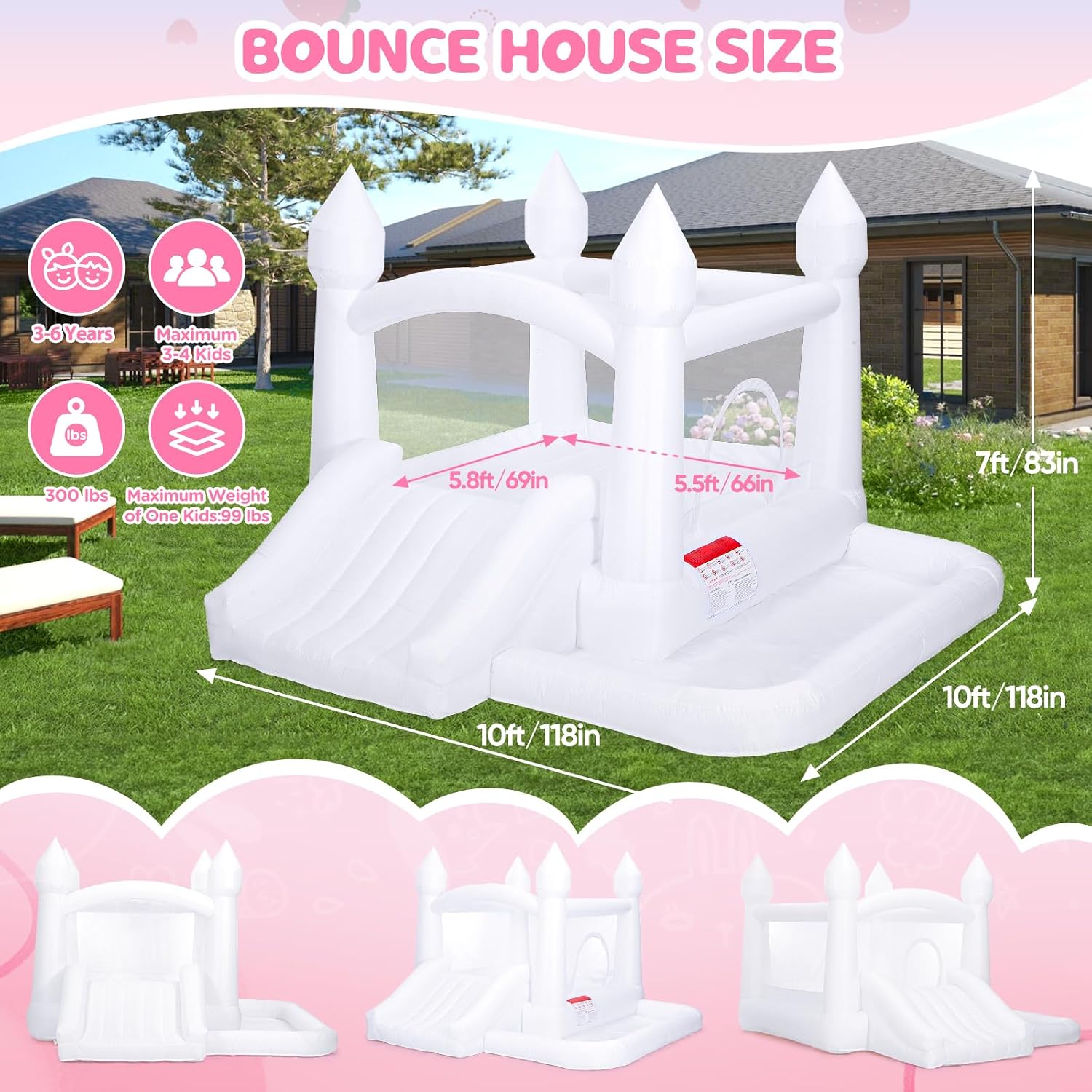 Detalle 2 de White Bounce House for Kids 3-6 with Blower, 10x10x7 ft Inflatable Castle