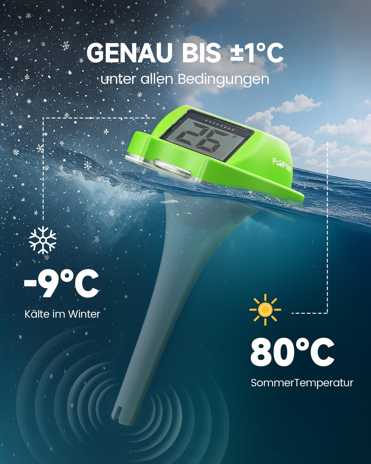 Thumbnail 4 de PoolPrime Pool Thermometer mit Doppelbildschirm – Solarbetrieben, IPX7, doppelseitig ablesbar