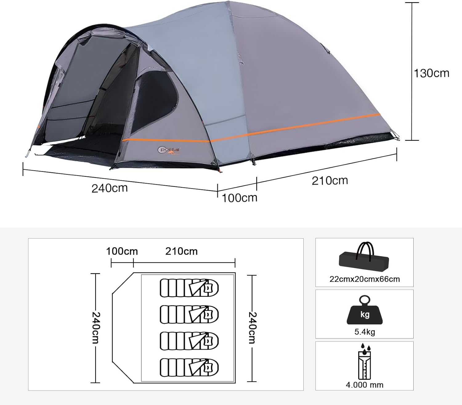 Thumbnail 3 de Portal 3-4 Man Tent with Porch: Lightweight Family Dome for 3–4
