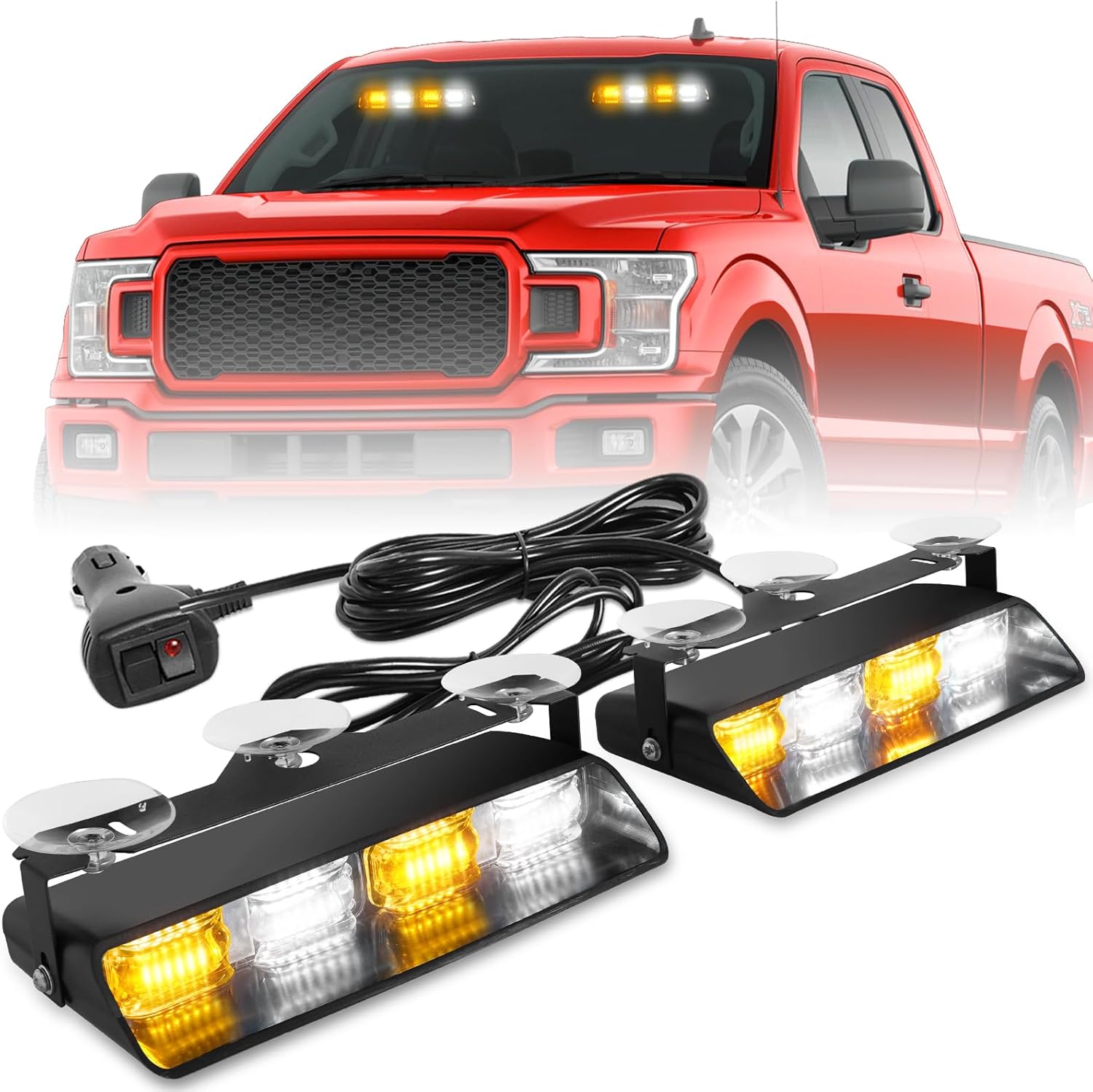 HLauto 2002L Emergency Dash Strobe Lights: 48-LED Amber/White 2-Pack for Trucks and Construction Vehicles